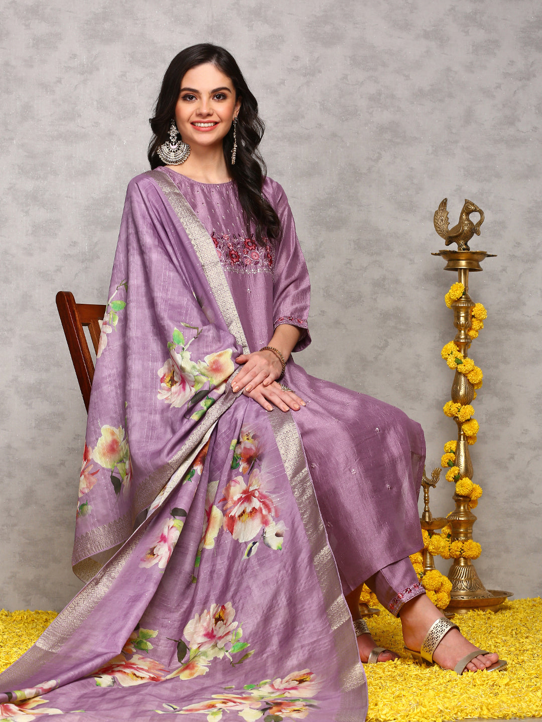 Rich Lavender Poly Crepe Sequin Embroidered Kurta Set with Straight Botoom and Flowy Floral Printed Dupatta