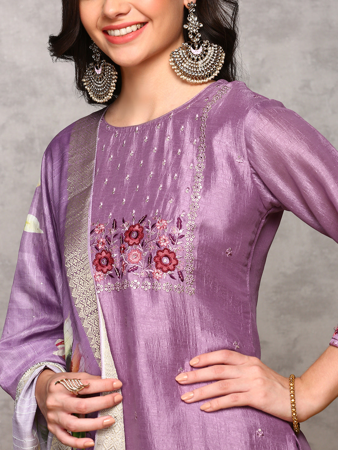 Rich Lavender Poly Crepe Sequin Embroidered Kurta Set with Straight Botoom and Flowy Floral Printed Dupatta