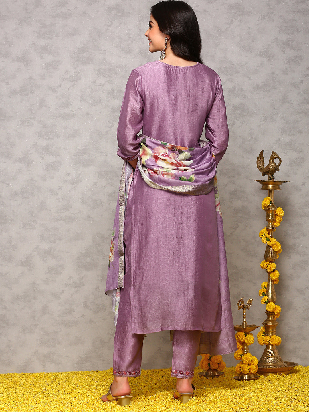 Rich Lavender Poly Crepe Sequin Embroidered Kurta Set with Straight Botoom and Flowy Floral Printed Dupatta