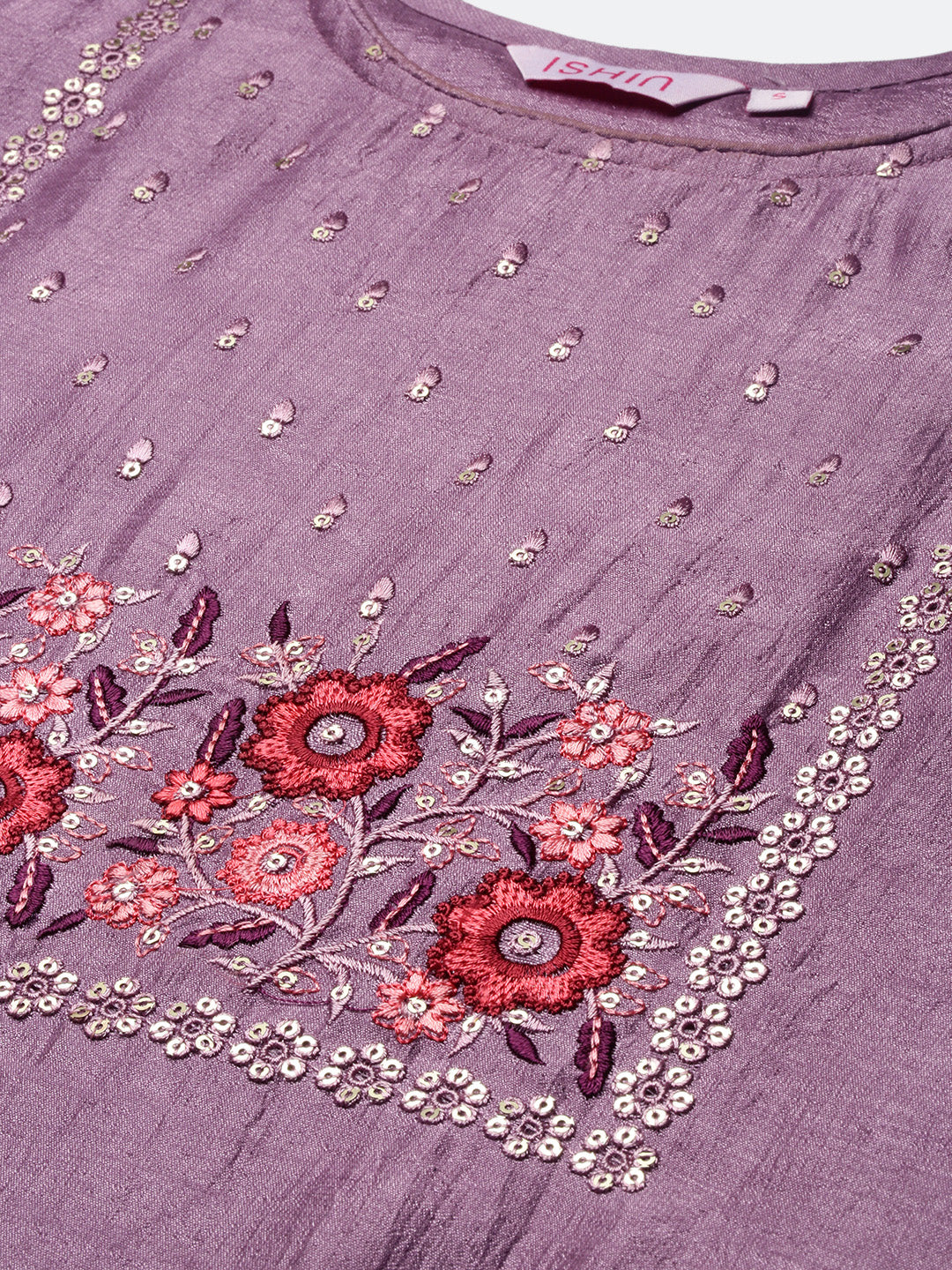 Rich Lavender Poly Crepe Sequin Embroidered Kurta Set with Straight Botoom and Flowy Floral Printed Dupatta