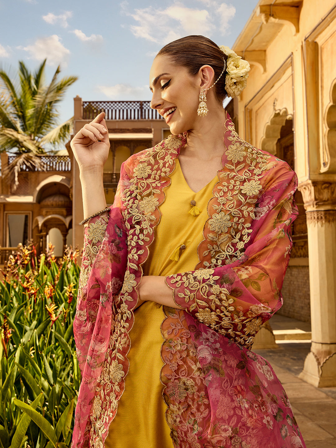 Silk Blend Mustard A-Line Kurta Set with Straight Bottom and Zari Embroidered Scalloped Georgette Printed Dupatta