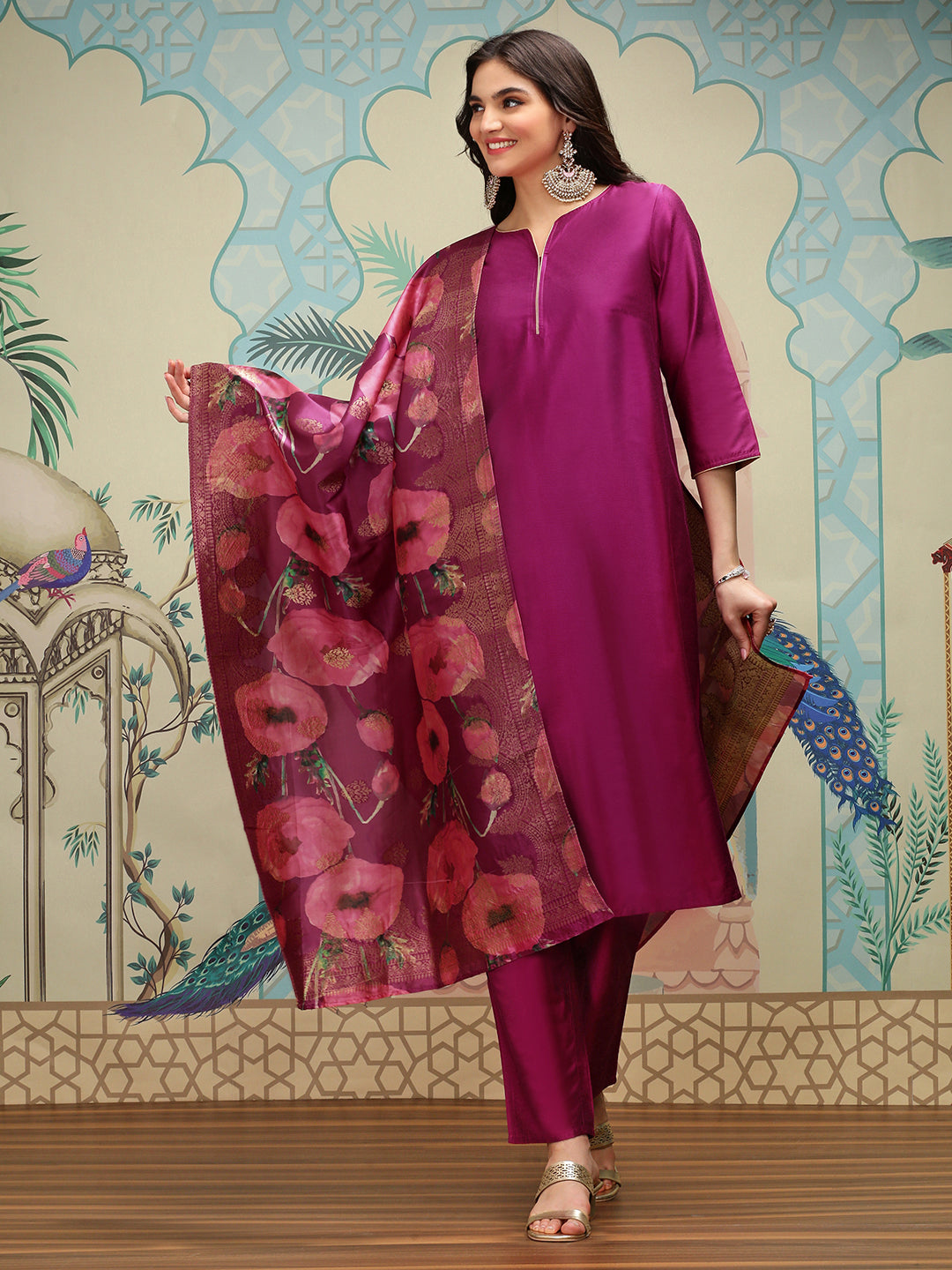 Silk Crepe Purple Kurta Set with Straight Bottom and Flowy Silk Crepe Floral Printed Dupatta