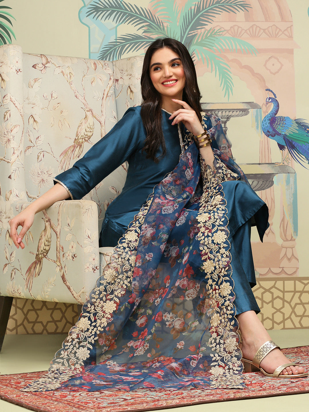 Silk Crepe Blue Kurta Set with Zari Embroidery and Floral Printed Organza Dupatta