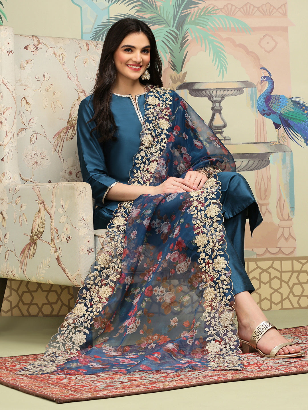 Silk Crepe Blue Kurta Set with Zari Embroidery and Floral Printed Organza Dupatta