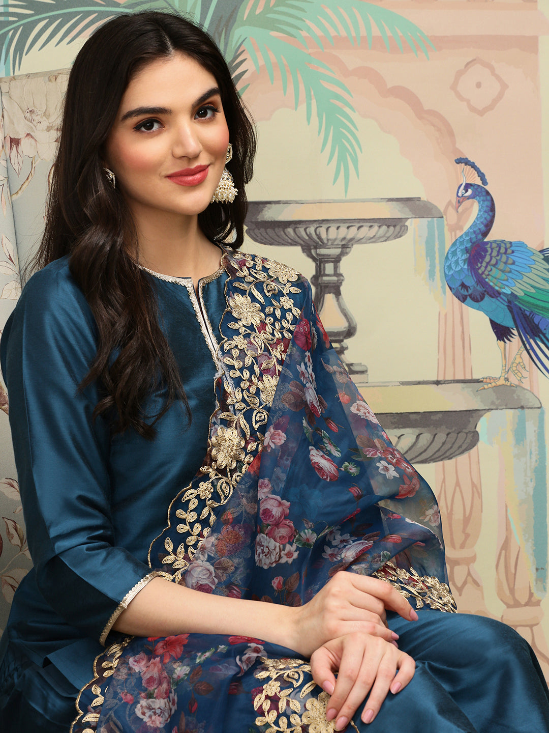 Silk Crepe Blue Kurta Set with Zari Embroidery and Floral Printed Organza Dupatta