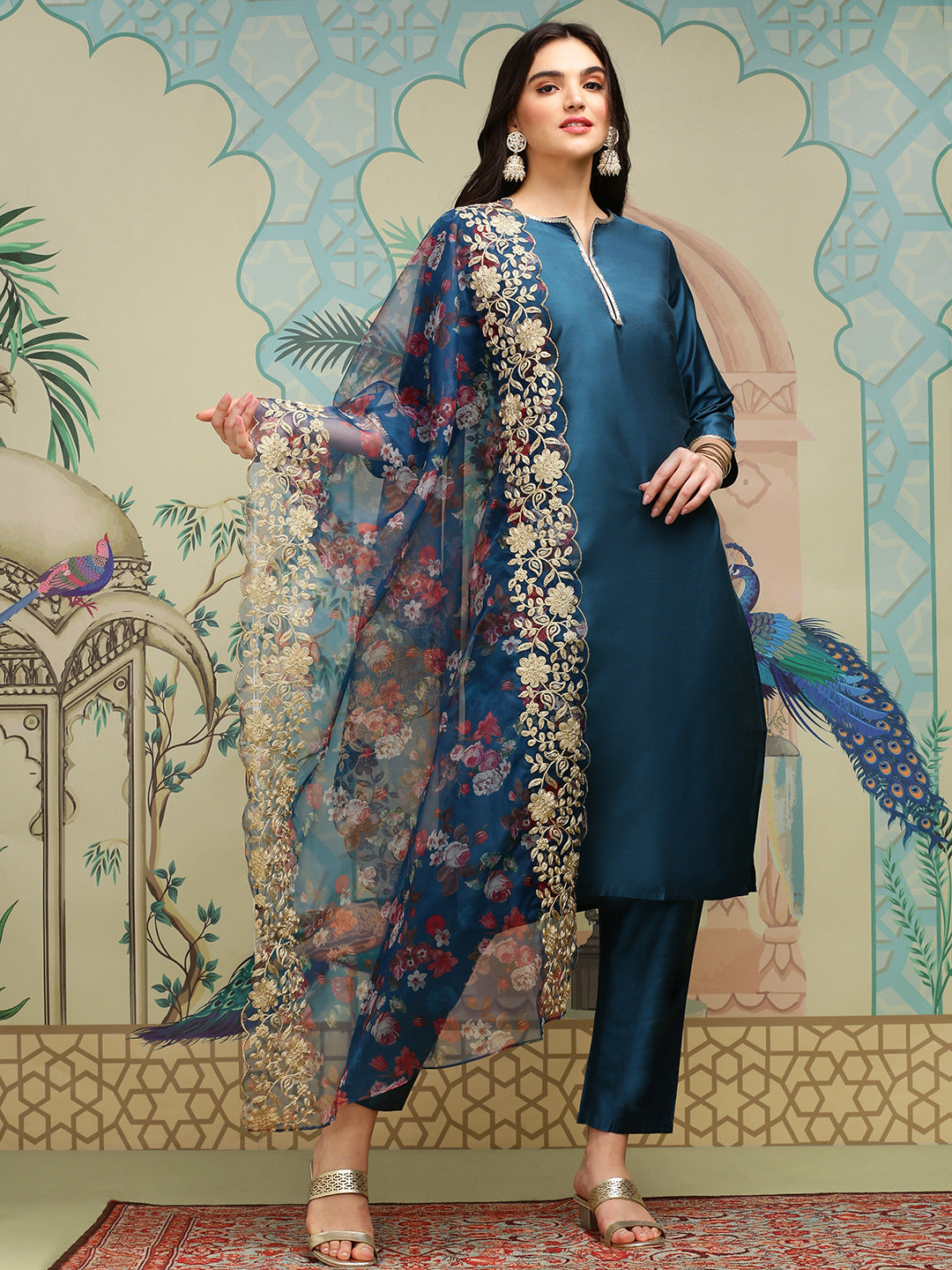 Silk Crepe Blue Kurta Set with Zari Embroidery and Floral Printed Organza Dupatta