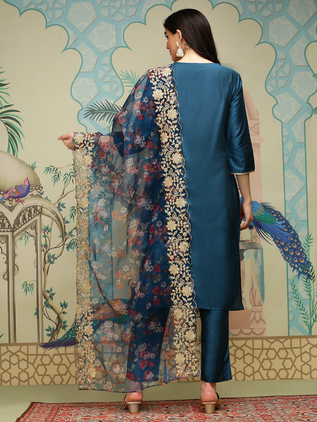 Silk Crepe Blue Kurta Set with Zari Embroidery and Floral Printed Organza Dupatta