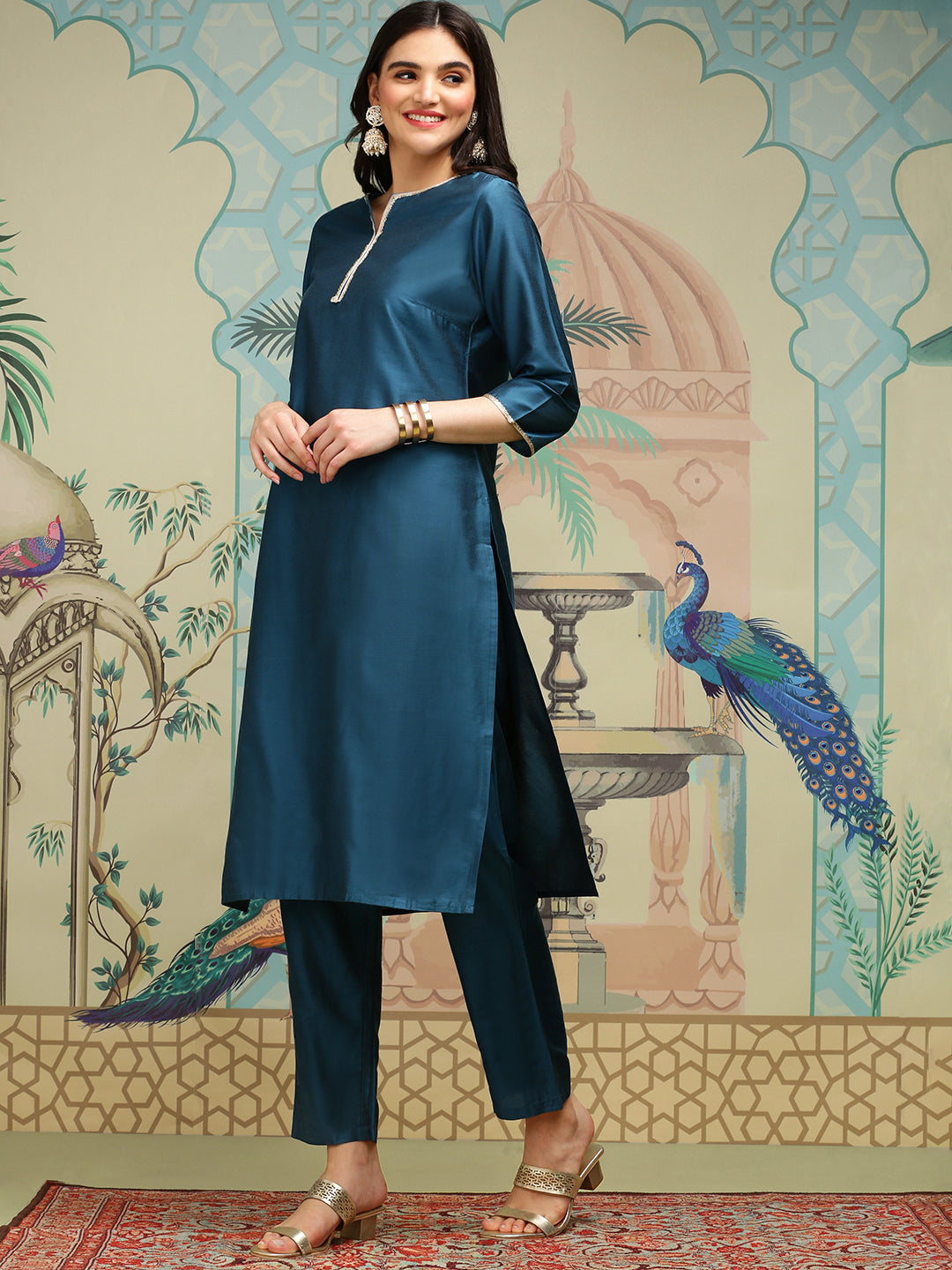 Silk Crepe Blue Kurta Set with Zari Embroidery and Floral Printed Organza Dupatta