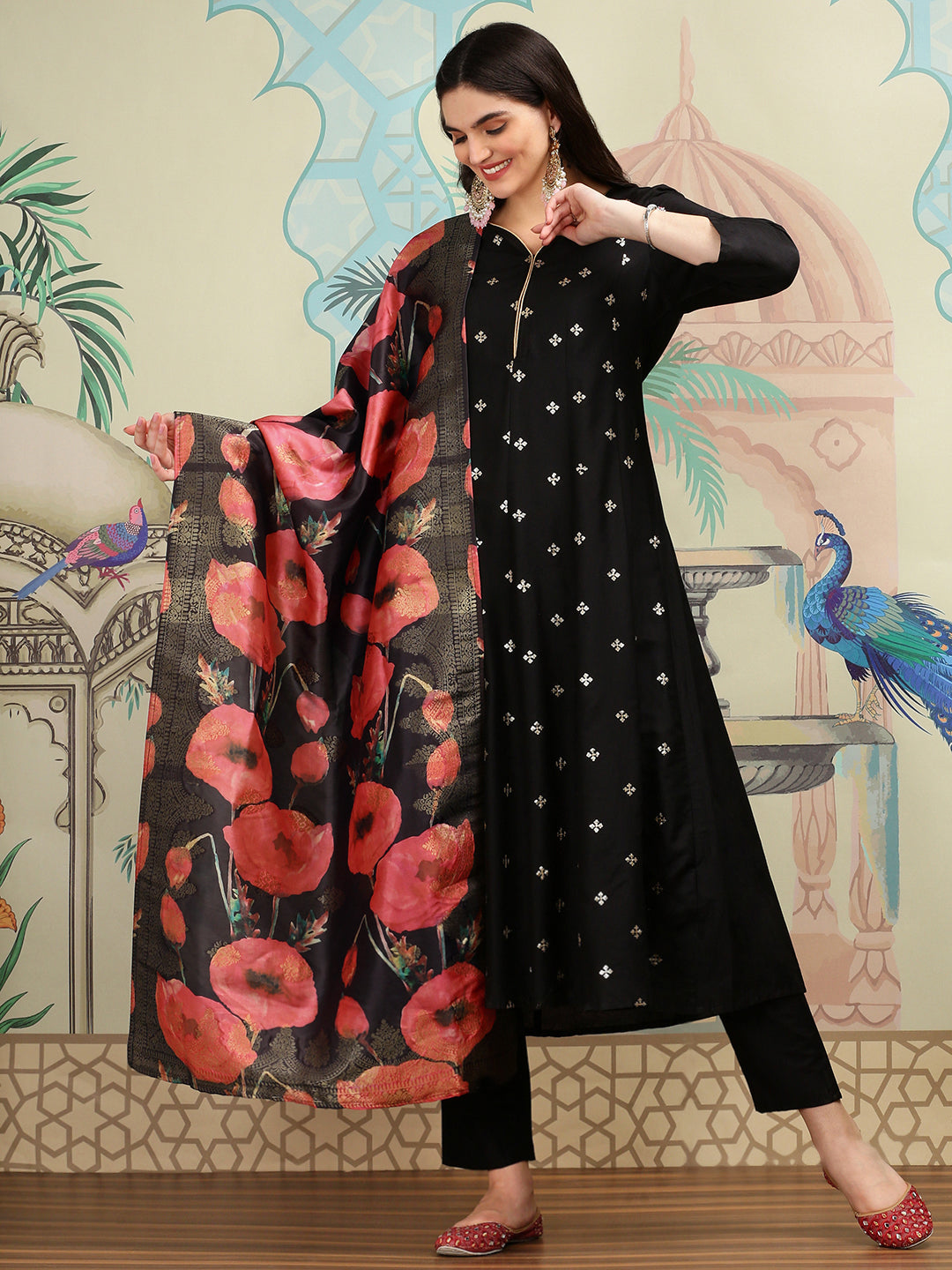 Silk Blend Zari Embroidered Black A-Line Kurta Set with Straight Bottom and Printed Brocade Dupatta