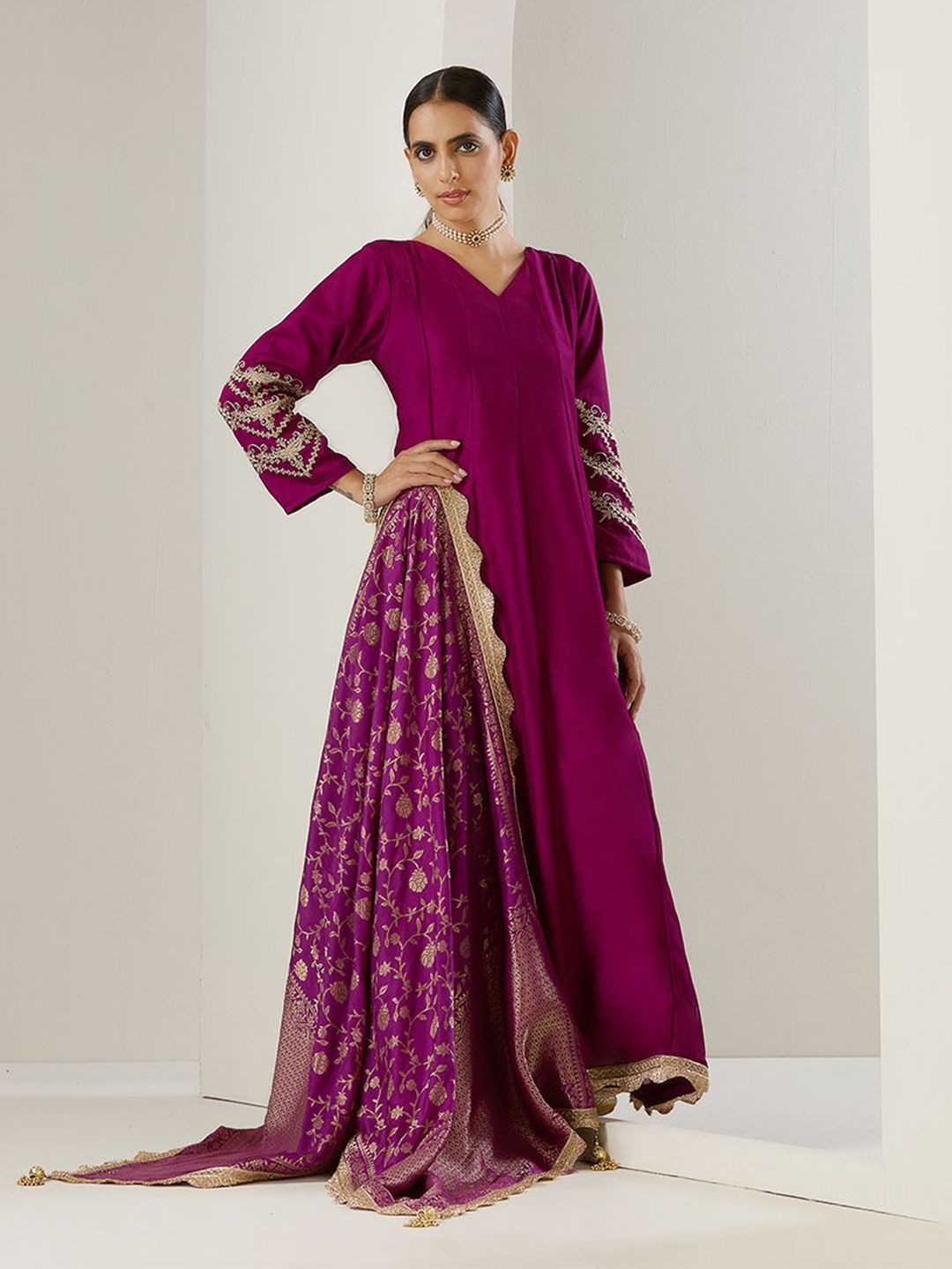 Rich Blende Purple  Zari Embroidered Anarkali Dress with Brocade Dupatta and Latkhans