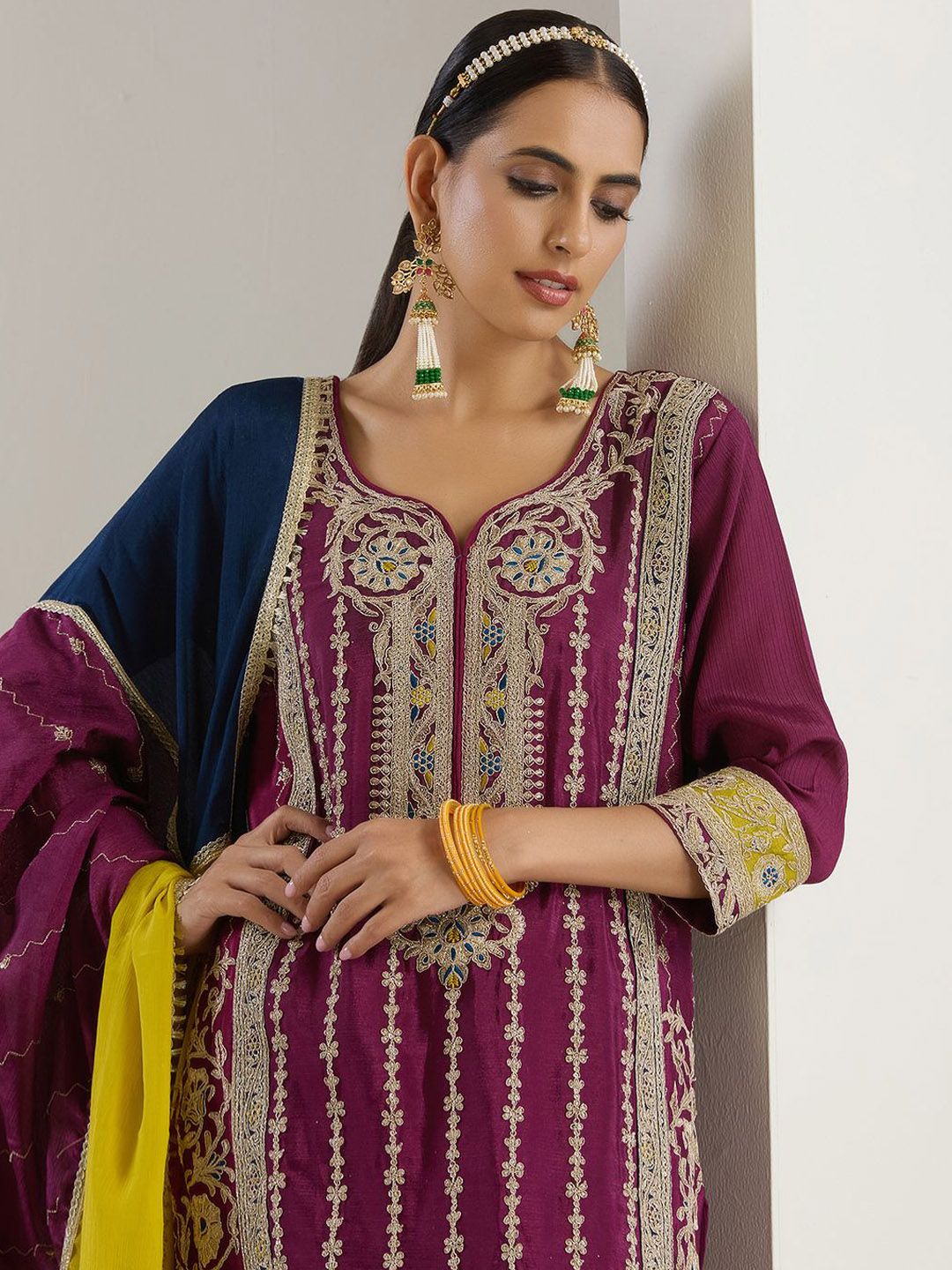 Rich Lavender Chinon Zari Embroidered Kurta Set with Sharara Bottom and Gotta Patti Tassel Dupatta