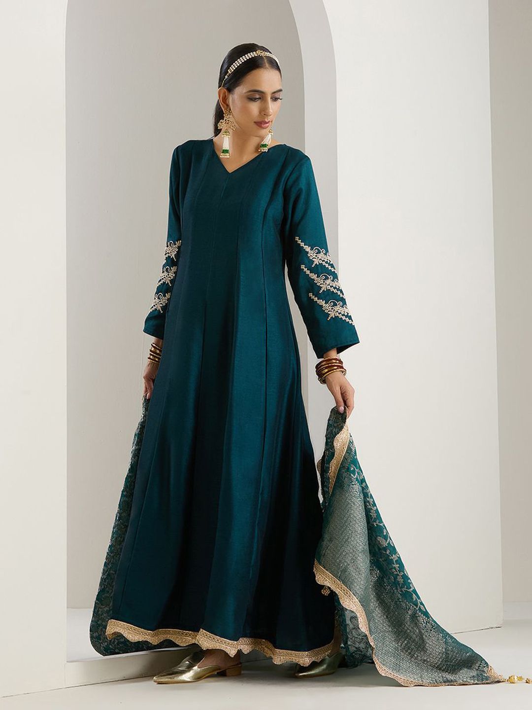 Rich Blended Green Zari Embroidered Anarkali Dress with Brocade Dupatta and Latkhans