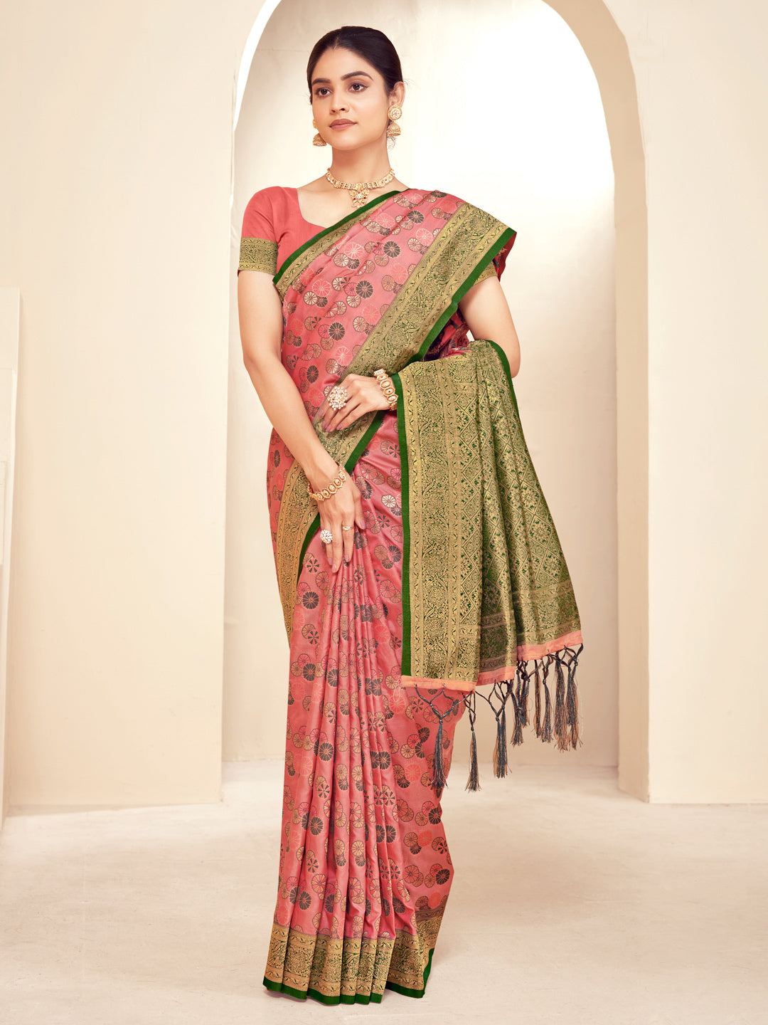 Karagiri Peach Paithani Silk Saree With Blouse Piece