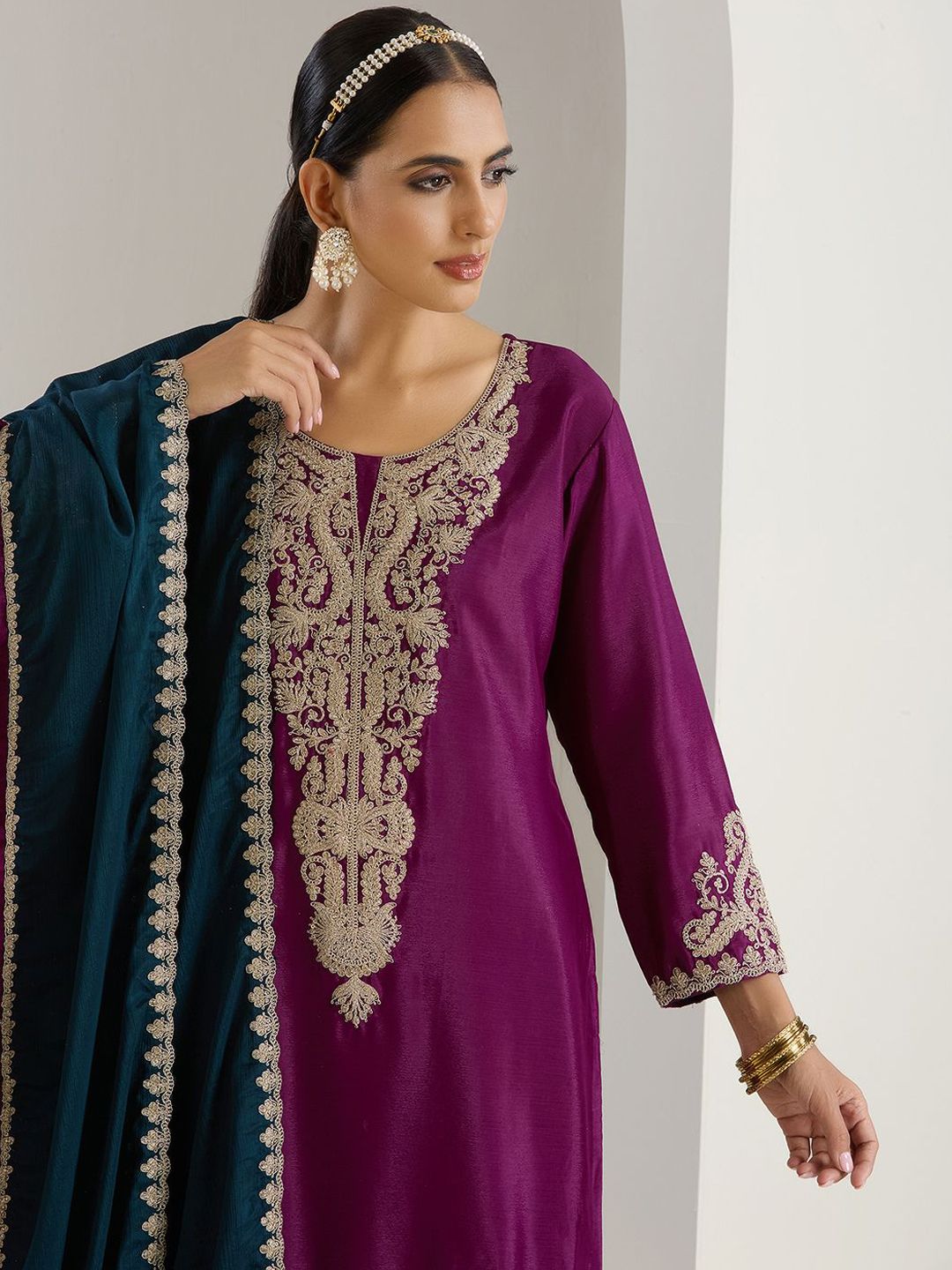 Rich Purple Chinon Zari Embroidered Kurta Set with Sharara Bottom and Silk Blend Tassel Dupatta