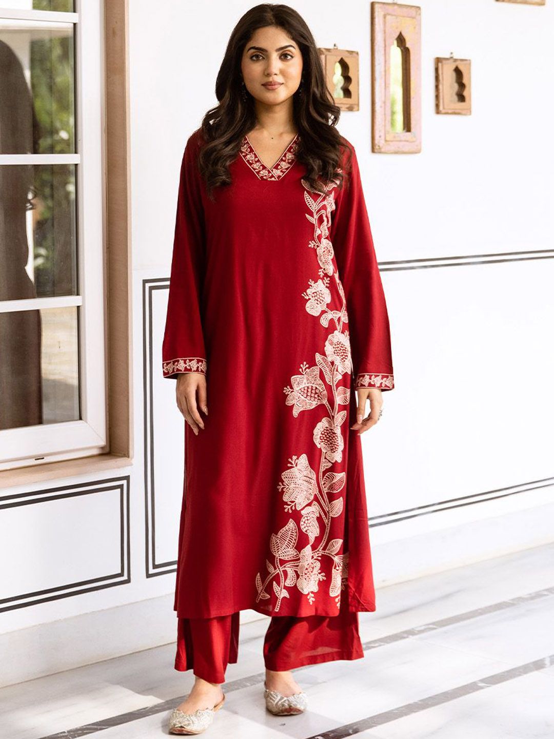 Comfy Maroon Rayon Printed A-Line Kurta Set With Flare Bottom