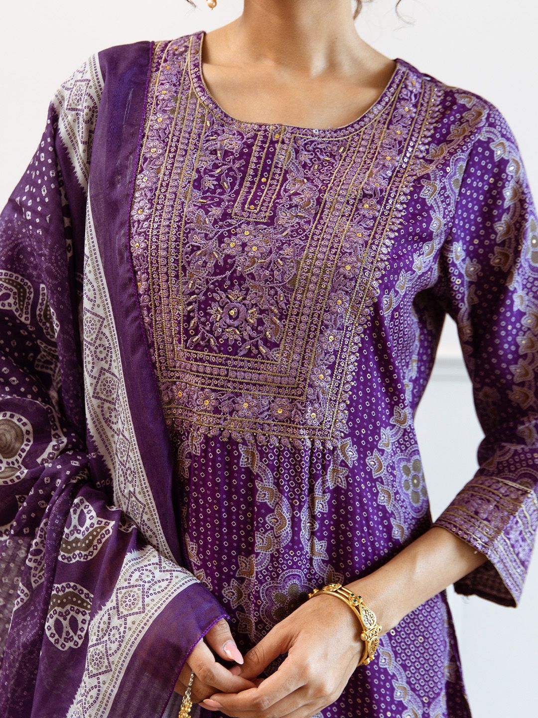 Rich Purple Modal Muslin Zari Embroidered Straight Fit Kurta Set With Straight Bottom & Soft Printed Dupatt