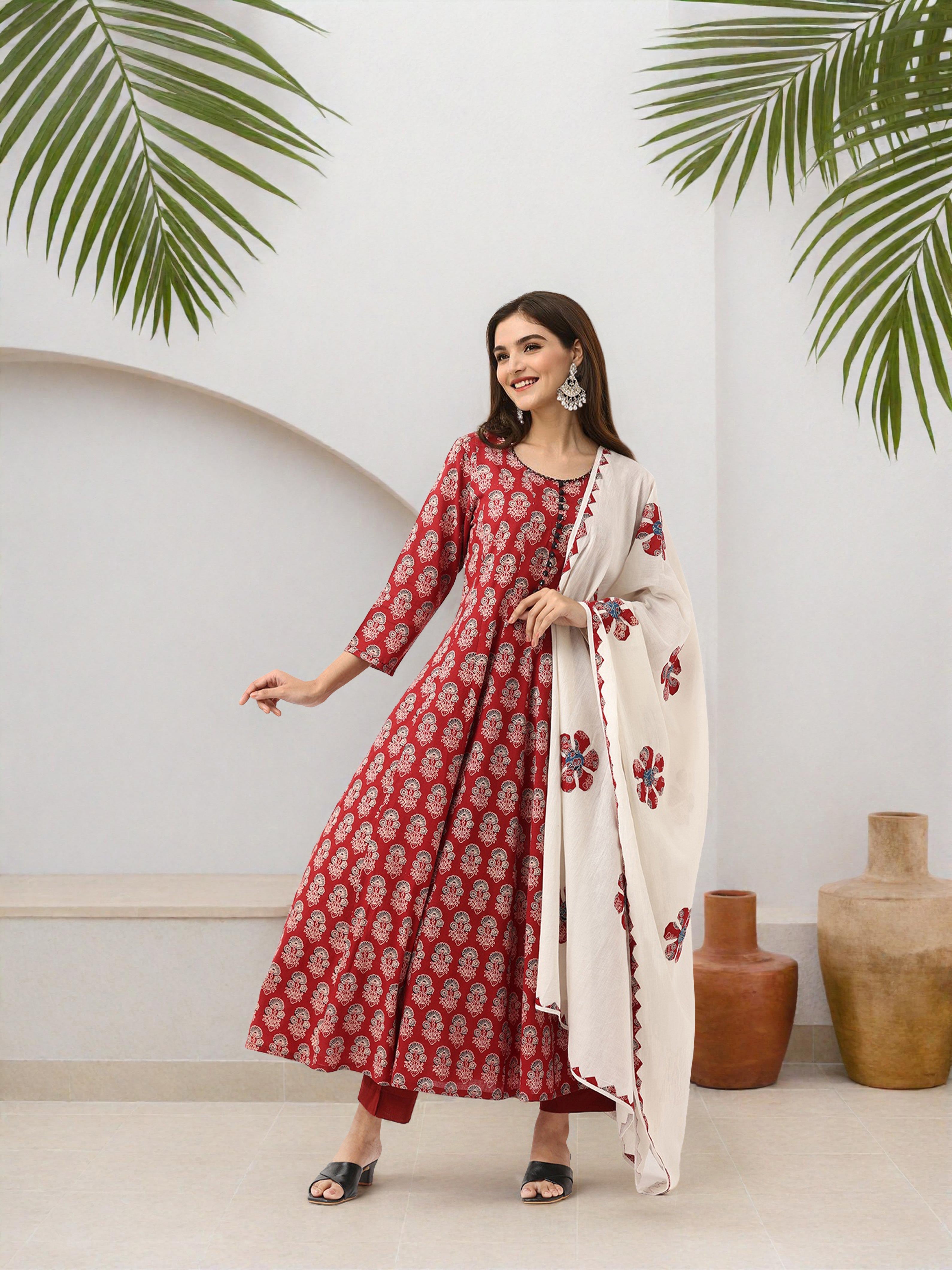 Soft Maroon Floral Cotton A-Line Kurta Set With Patchwork Dupatta