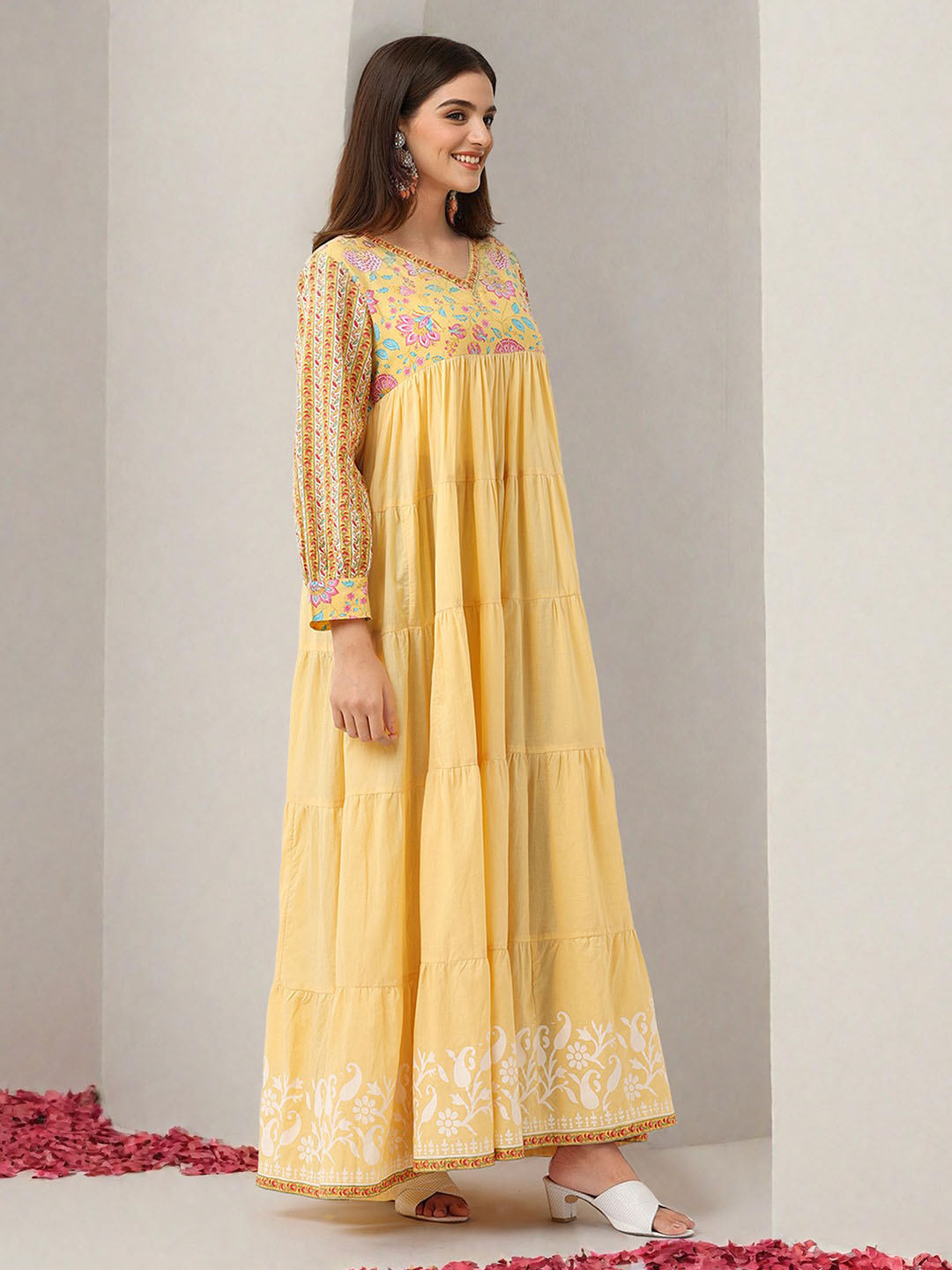 ISHIN Women Yellow Cotton Dress