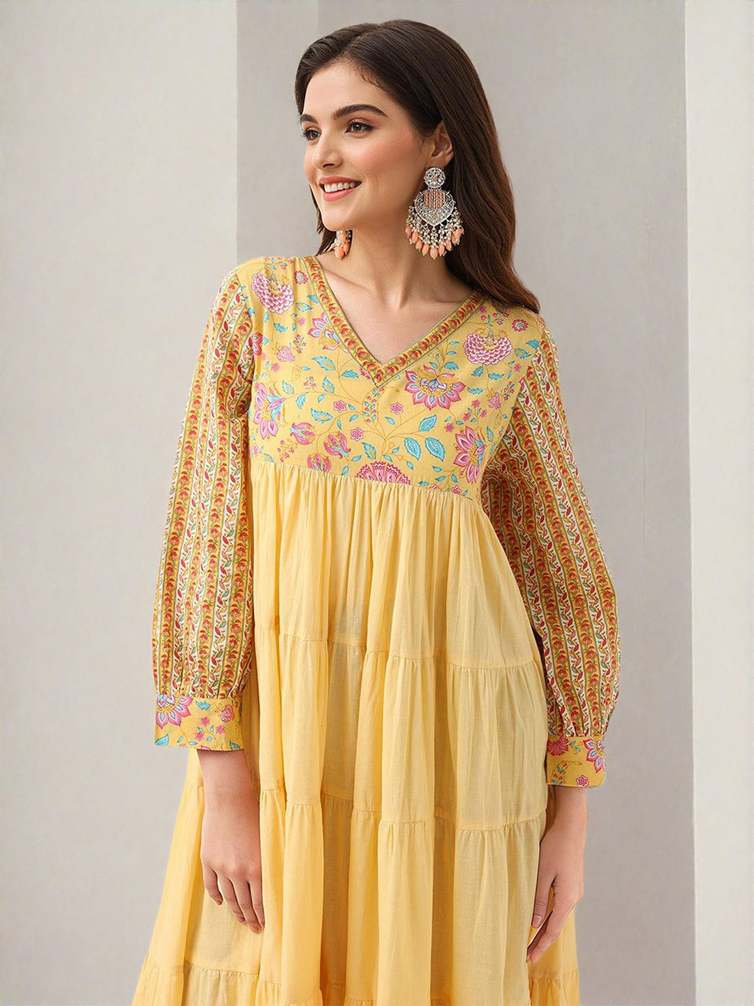 ISHIN Women Yellow Cotton Dress