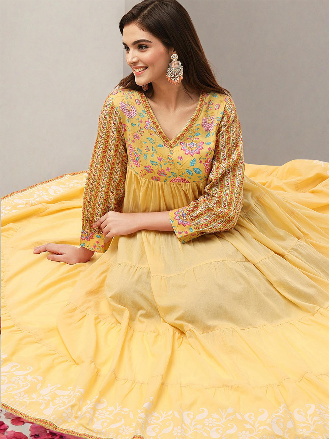 ISHIN Women Yellow Cotton Dress