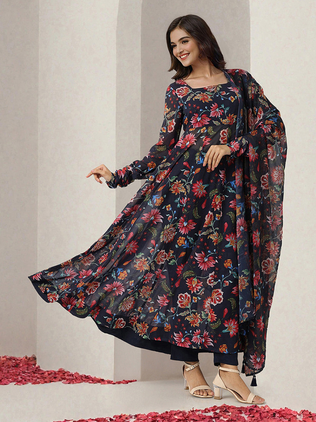 ISHIN WOMEN NAvy Polyester GGT Kurta Sets 3pcs sets