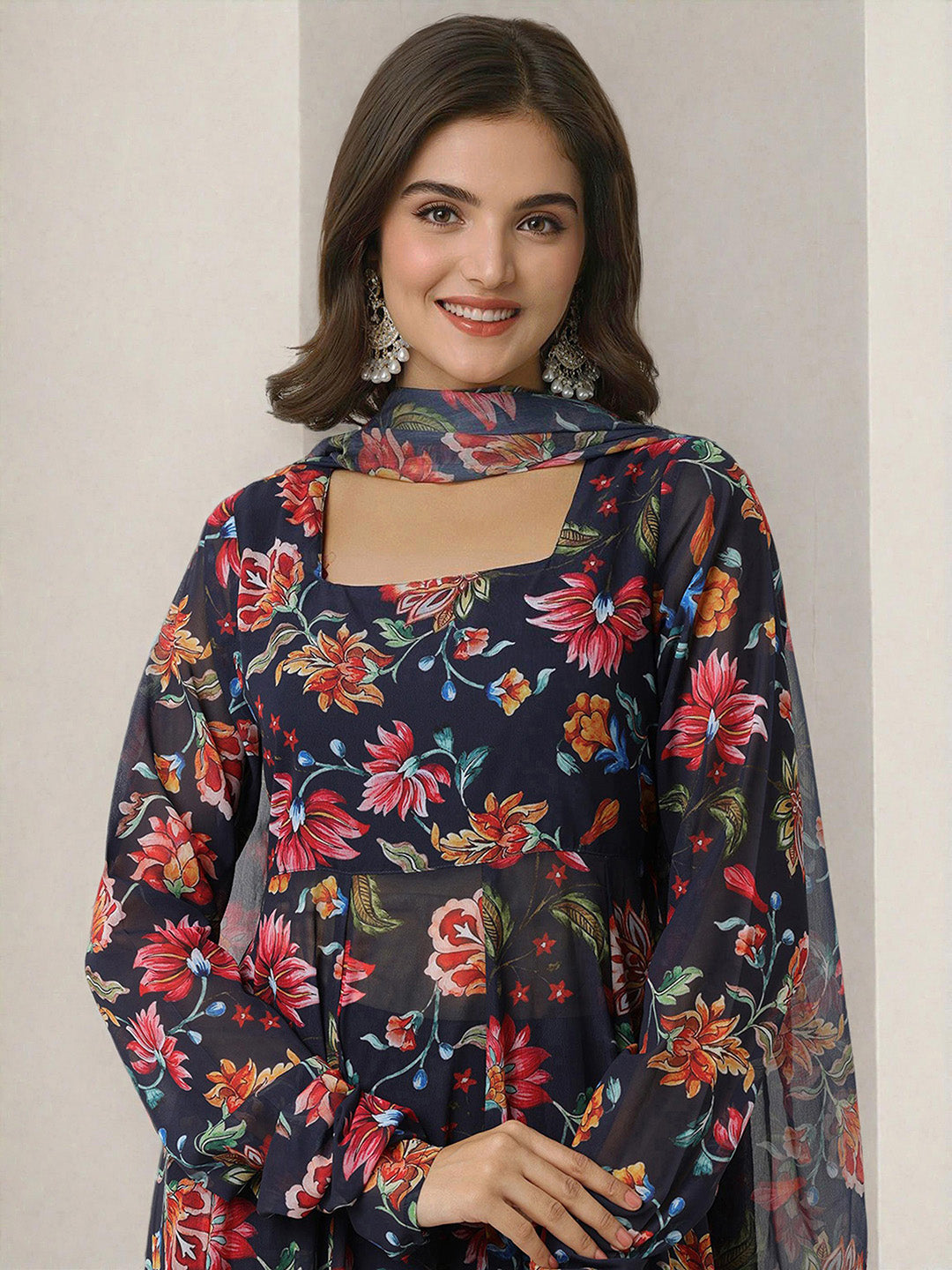 ISHIN WOMEN NAvy Polyester GGT Kurta Sets 3pcs sets