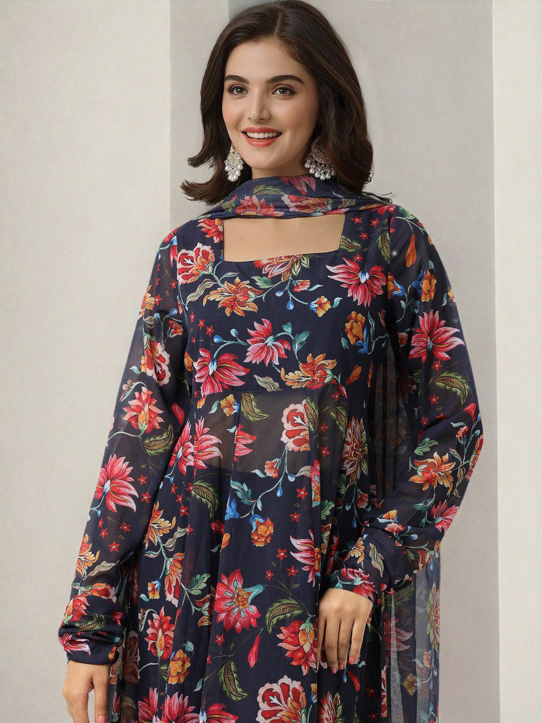 ISHIN WOMEN NAvy Polyester GGT Kurta Sets 3pcs sets