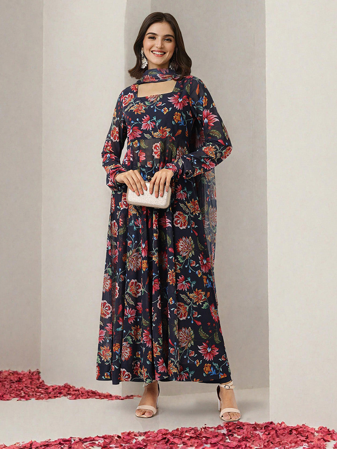 ISHIN WOMEN NAvy Polyester GGT Kurta Sets 3pcs sets