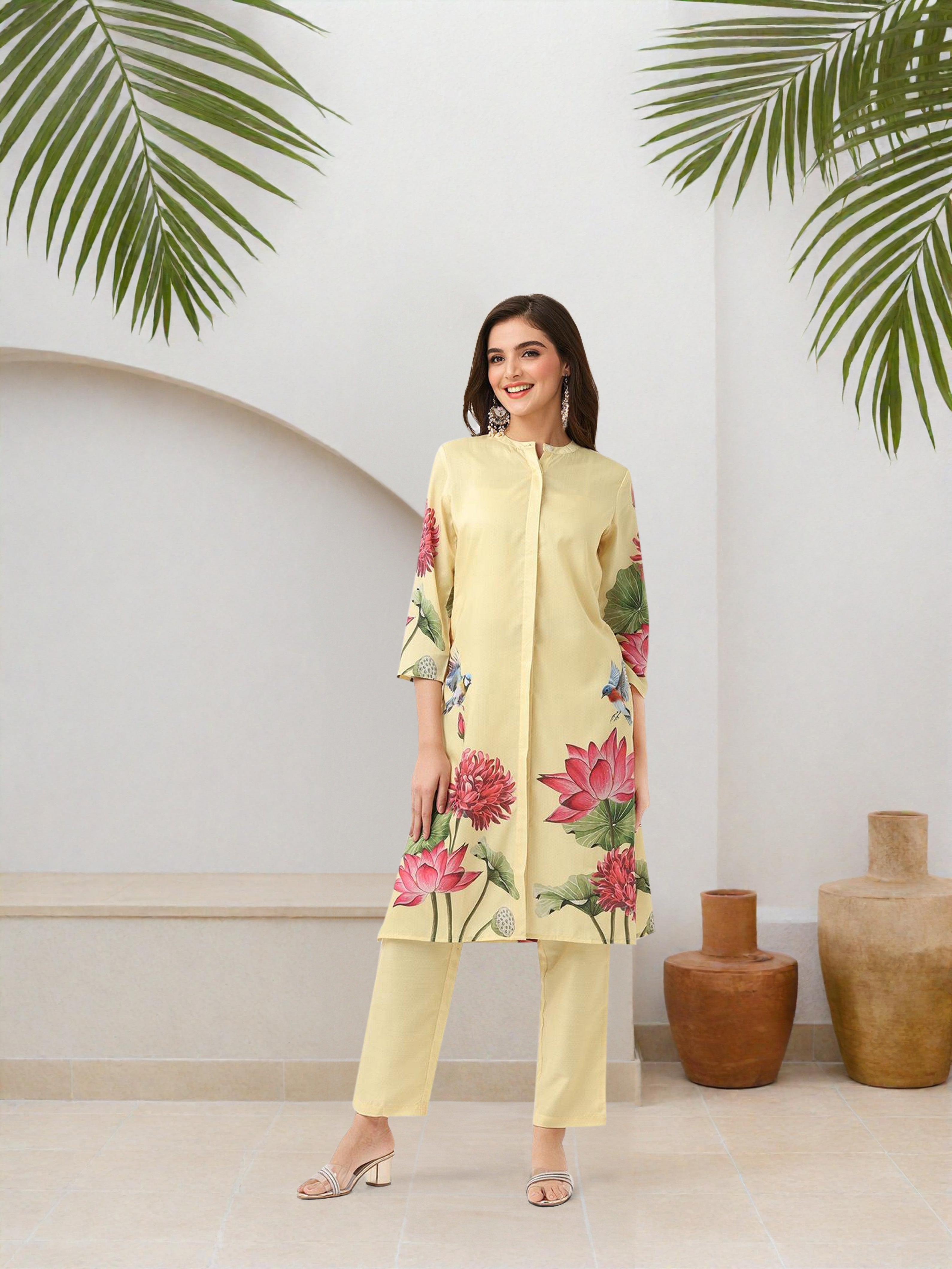 ISHIN WOMEN Yellow Polyester Muslin Kurta Sets 2pcs sets