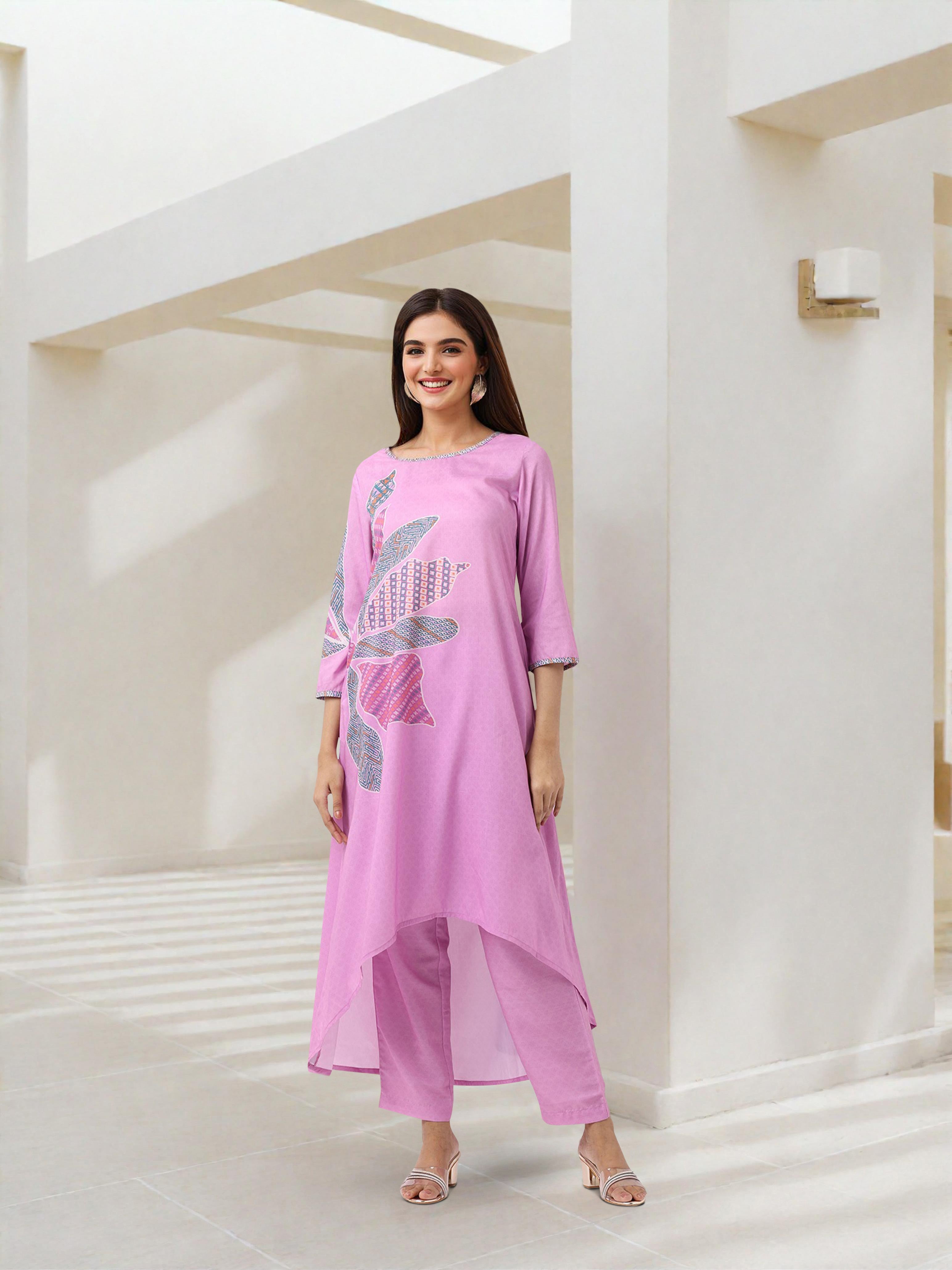 ISHIN WOMEN Pink Polyester Muslin Kurta Sets 2pcs sets