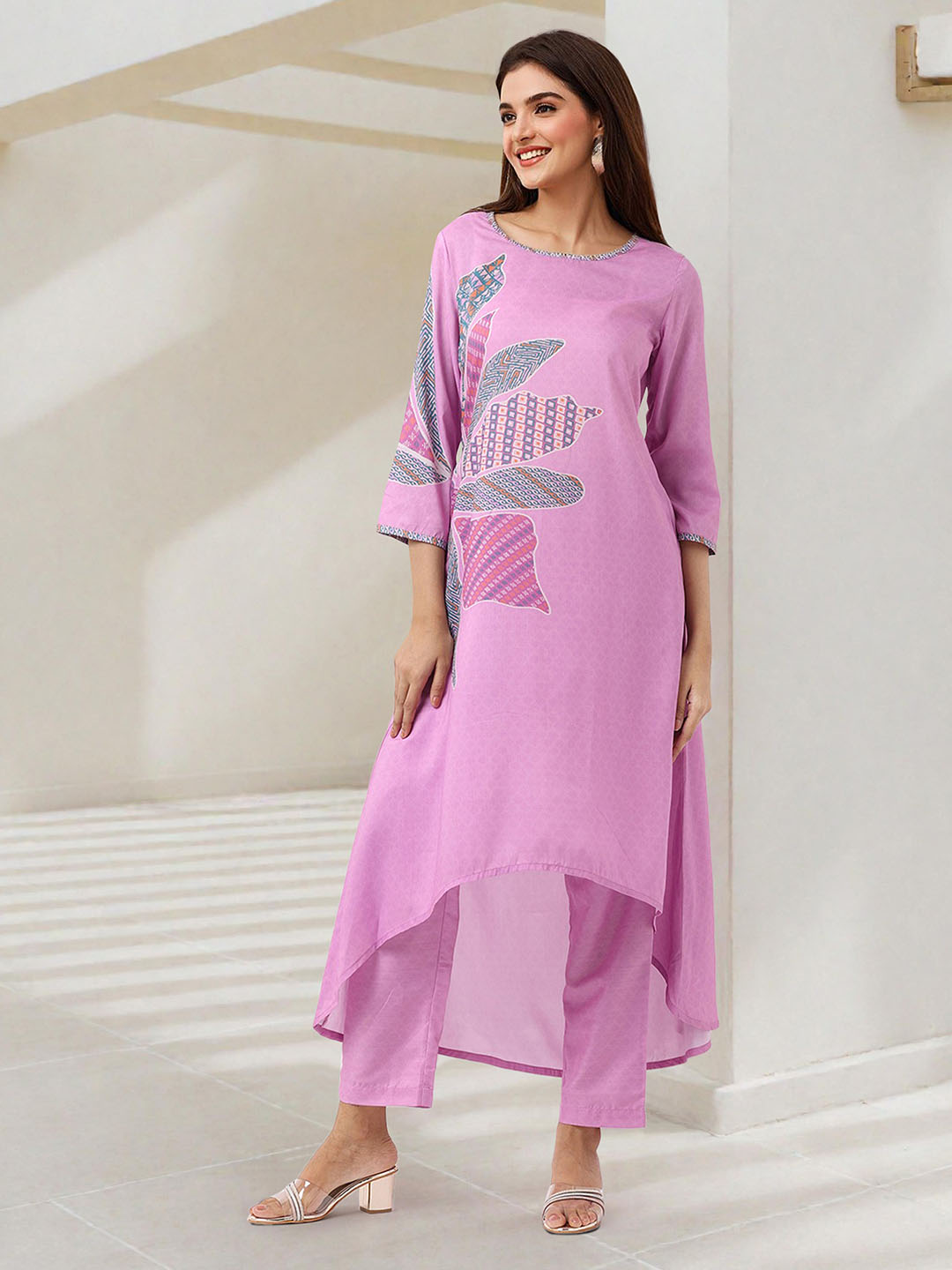 ISHIN WOMEN Pink Polyester Muslin Kurta Sets 2pcs sets