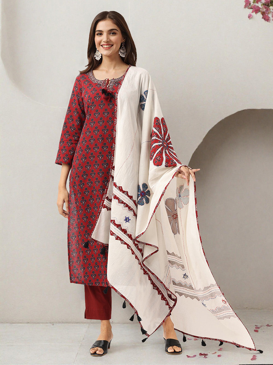 Soft Maroon Floral Cotton A-Line Kurta Set With Patchwork Dupatta