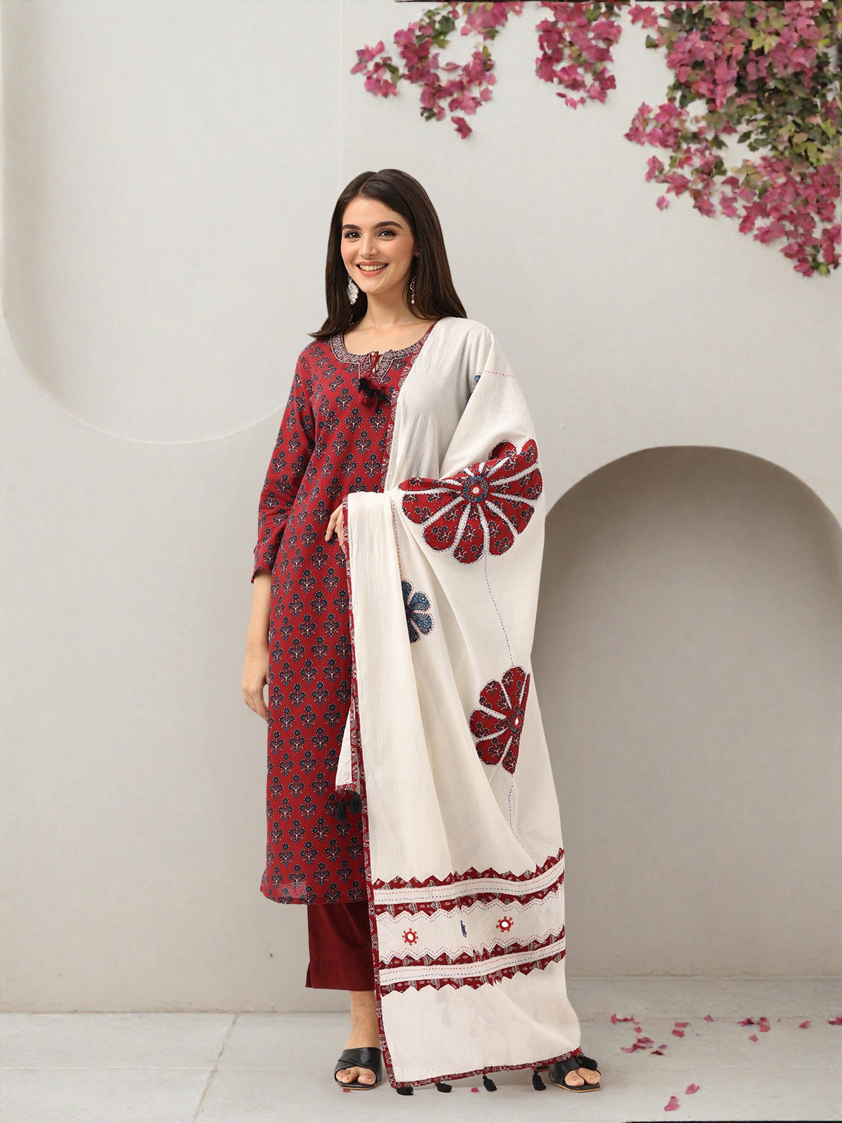 Soft Maroon Floral Cotton A-Line Kurta Set With Patchwork Dupatta