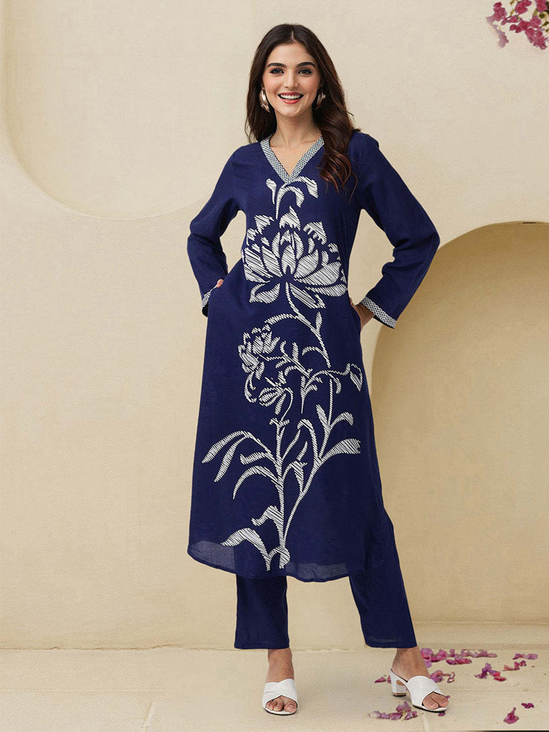 Soft Navy Rayon Bold Printed A-Line Kurta Set With Straight Bottom