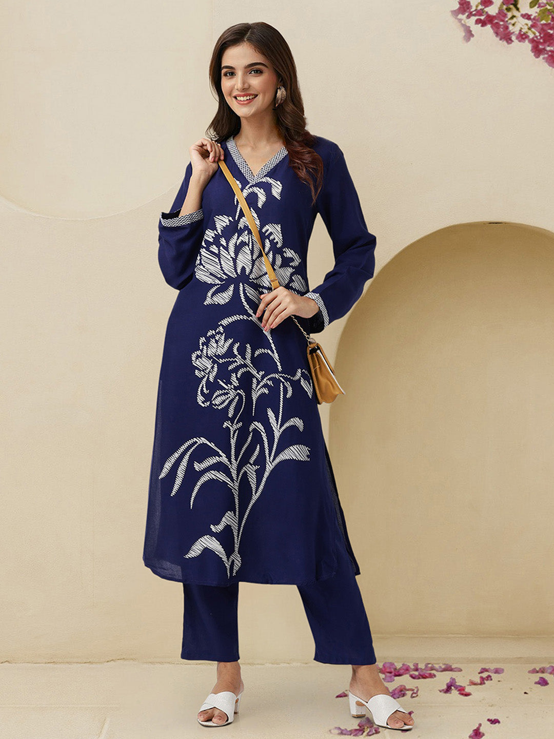 Soft Navy Rayon Bold Printed A-Line Kurta Set With Straight Bottom