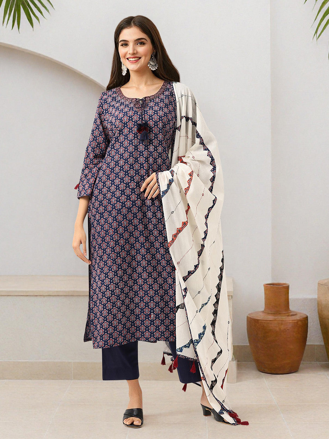 Soft Navy Floral Cotton Printed A-Line Kurta Set With Patchwork  Dupatta