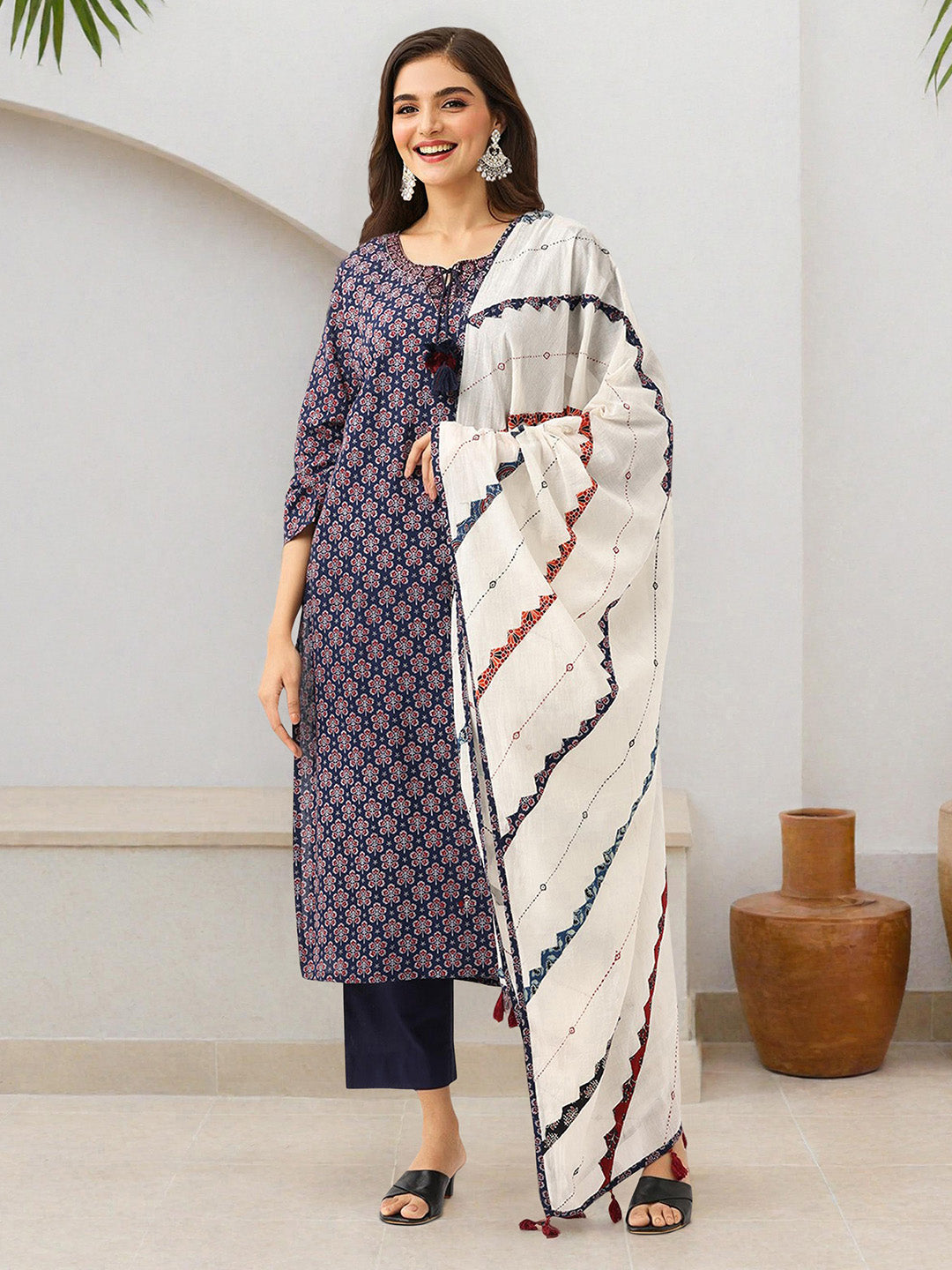 ISHIN WOMEN Navy Cotton Kurta Sets 3pcs sets