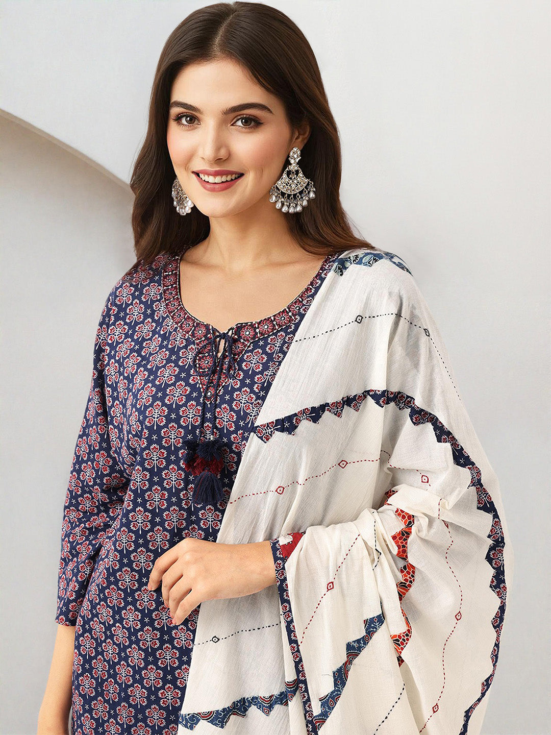 Soft Navy Floral Cotton Printed A-Line Kurta Set With Patchwork  Dupatta