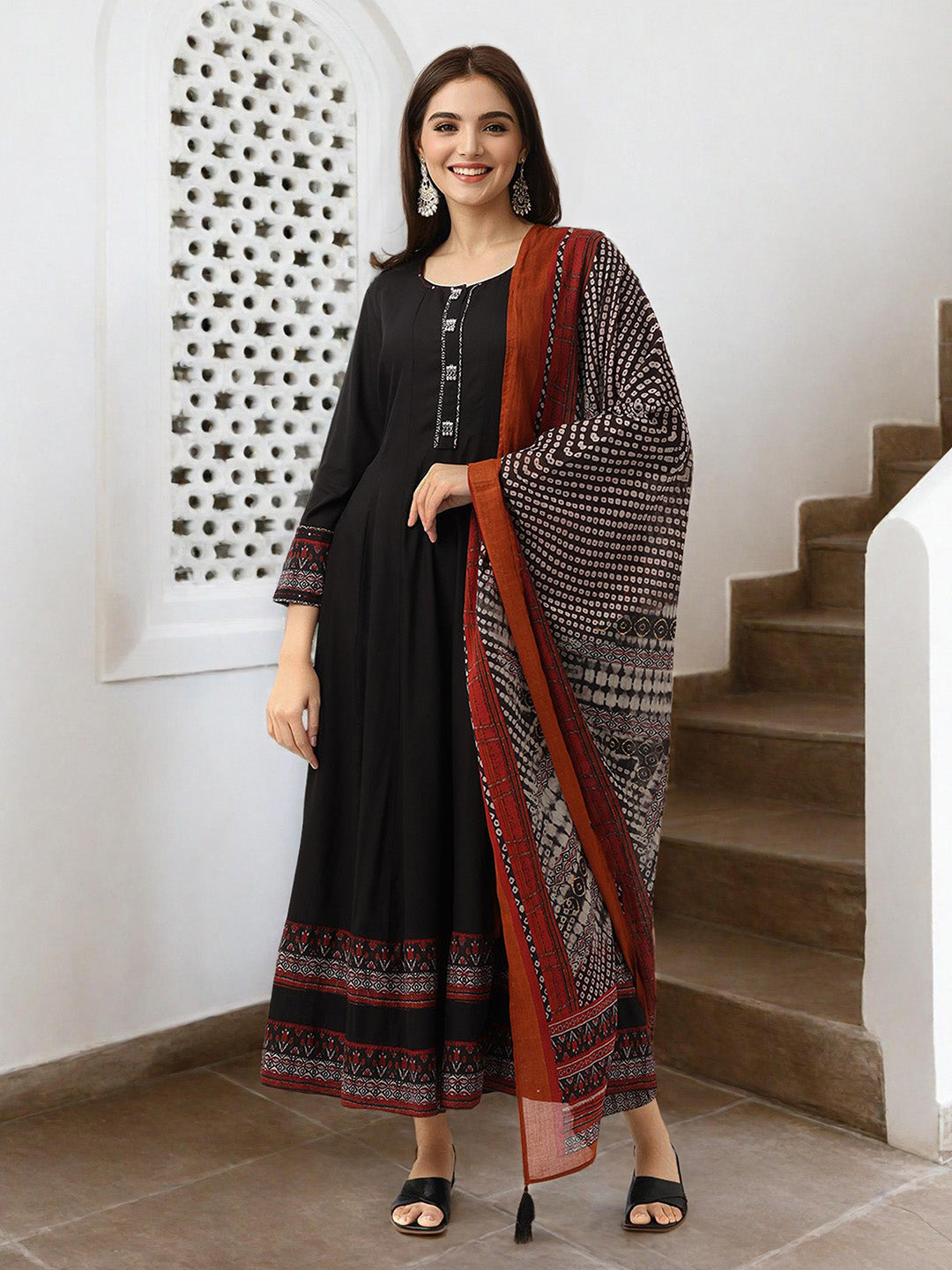 Soft Black Cotton Solid Anarkali Kurta Set With Printed Geometric Dupatta