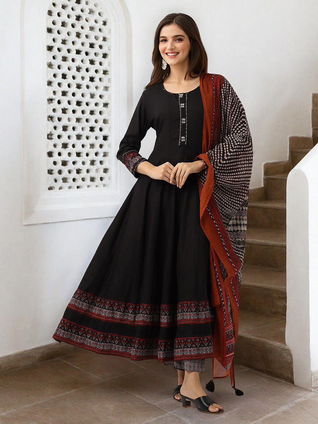 Soft Black Cotton Solid Anarkali Kurta Set With Printed Geometric Dupatta