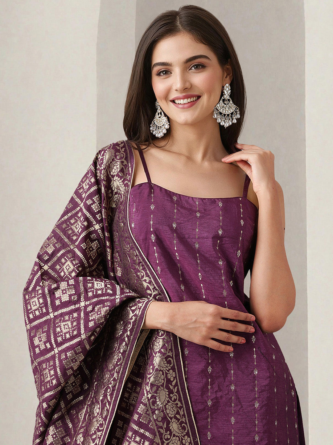 Rich Cotton Zari Purple  A-Line Kurta Set With Palazzo Bottom And Brocade Dupatta