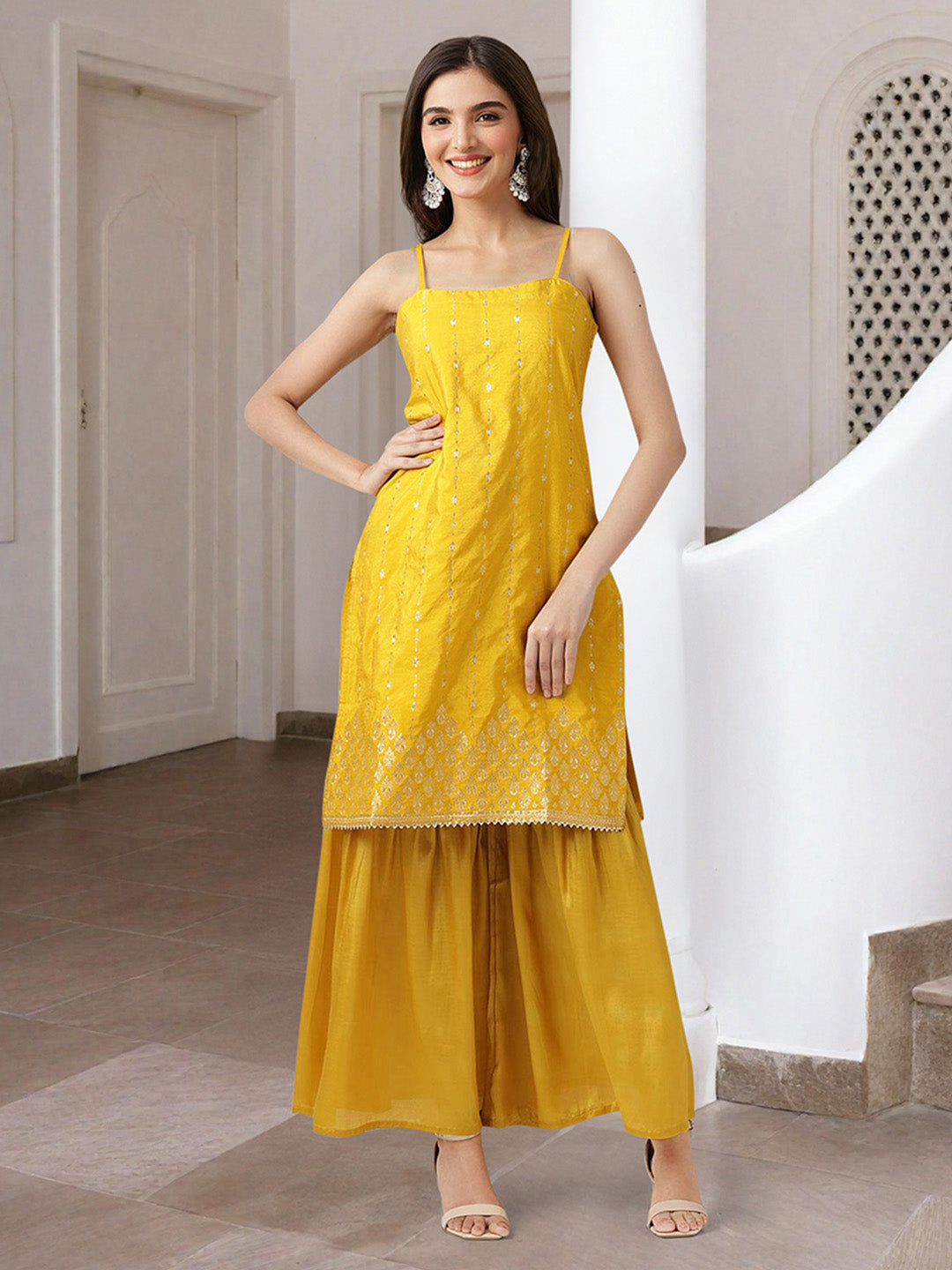 Rich Yellow Zari A-Line Kurta Set With Palazzo Bottom And Brocade Dupatta