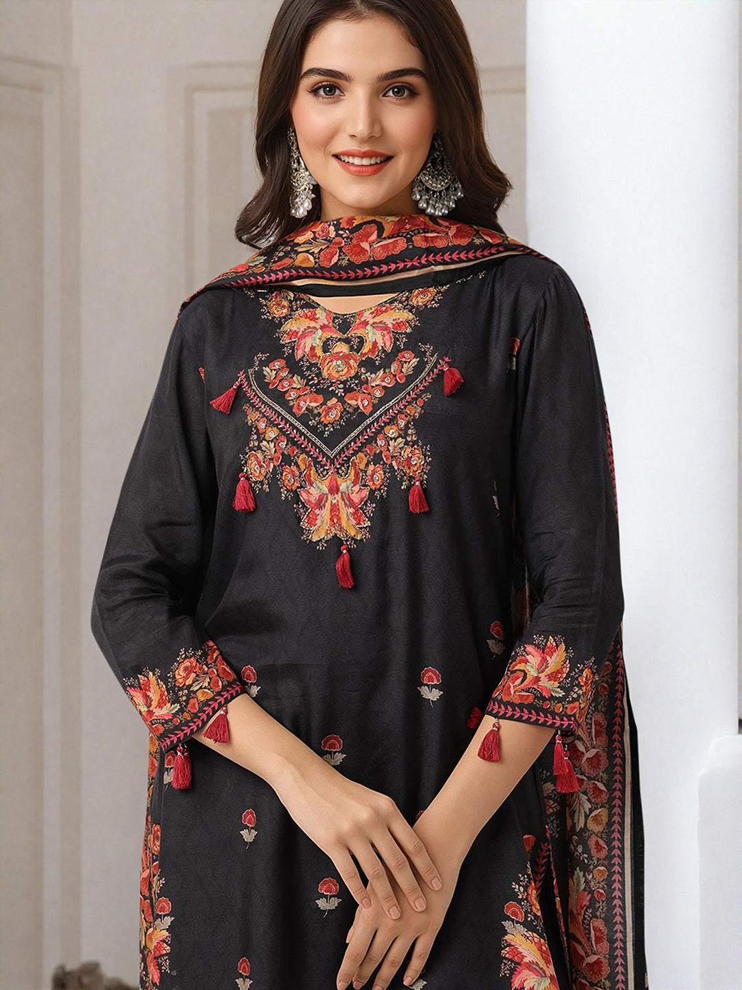 Soft Black Muslin A-Line Kurta Set With Flowy Printed Dupatta