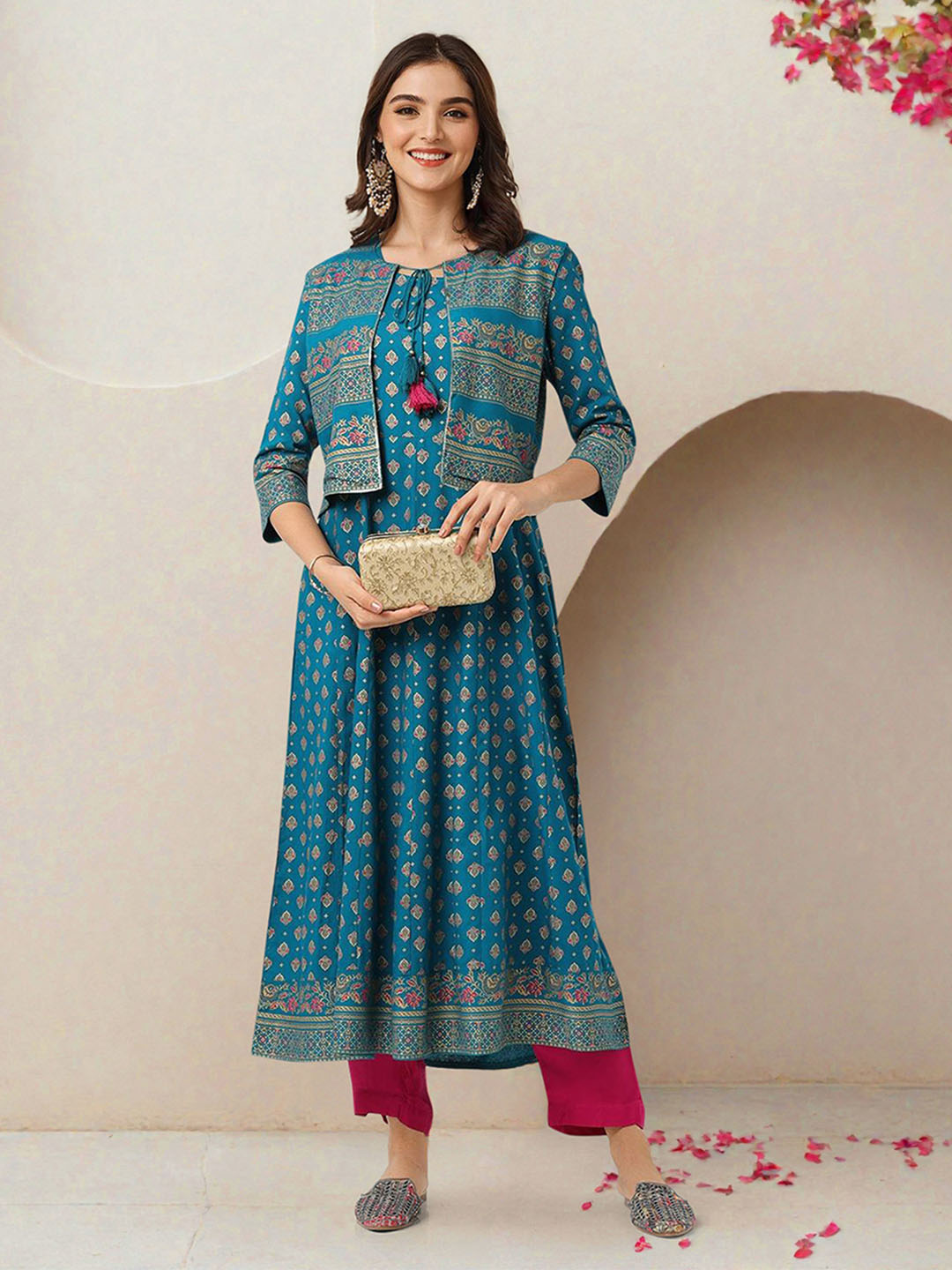 Rich Teal Rayon Printed Anarkali Kurta Set With Straight Bottom & Dupatta