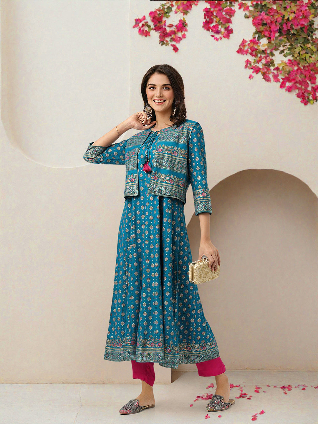 Rich Teal Rayon Printed Anarkali Kurta Set With Straight Bottom & Dupatta