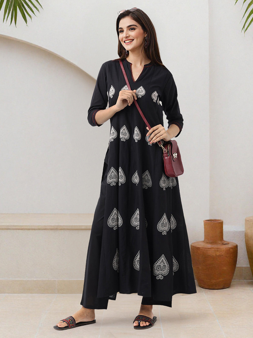 Soft Black Cotton Bold Printed A-Line Kurta Set With Straight Bottom