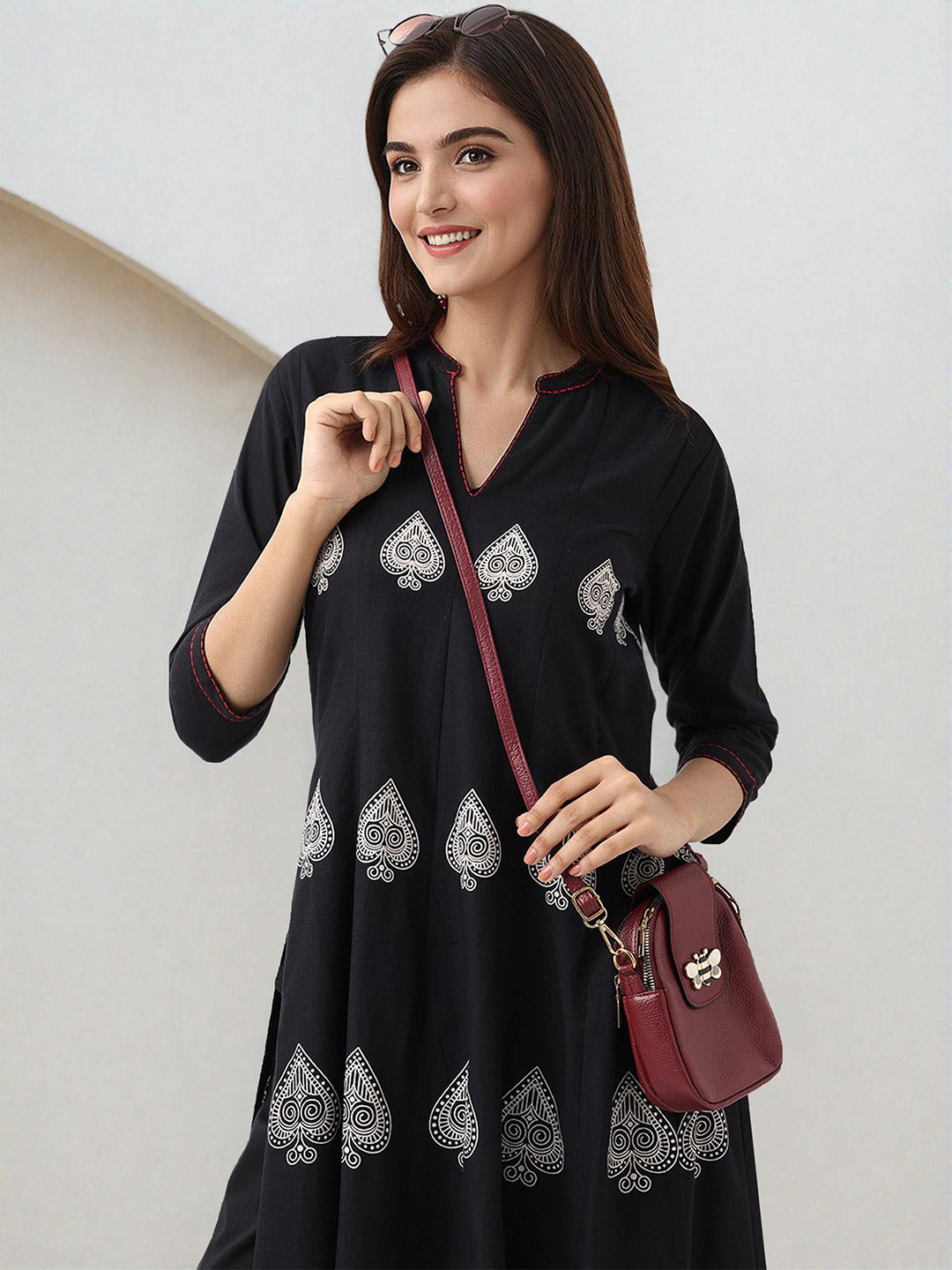 Soft Black Cotton Bold Printed A-Line Kurta Set With Straight Bottom