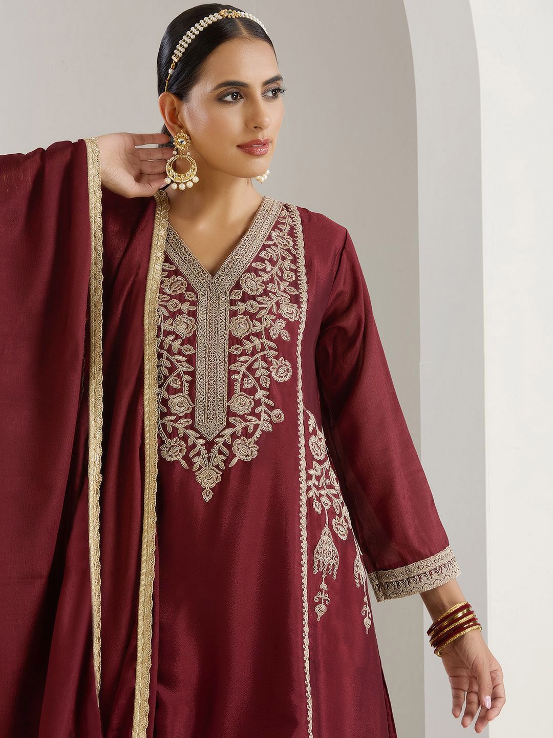 Rich Maroon Chinon Zari Embroidered Kurta Set with Sharara Bottom and Silk Blend Tassel Dupatta