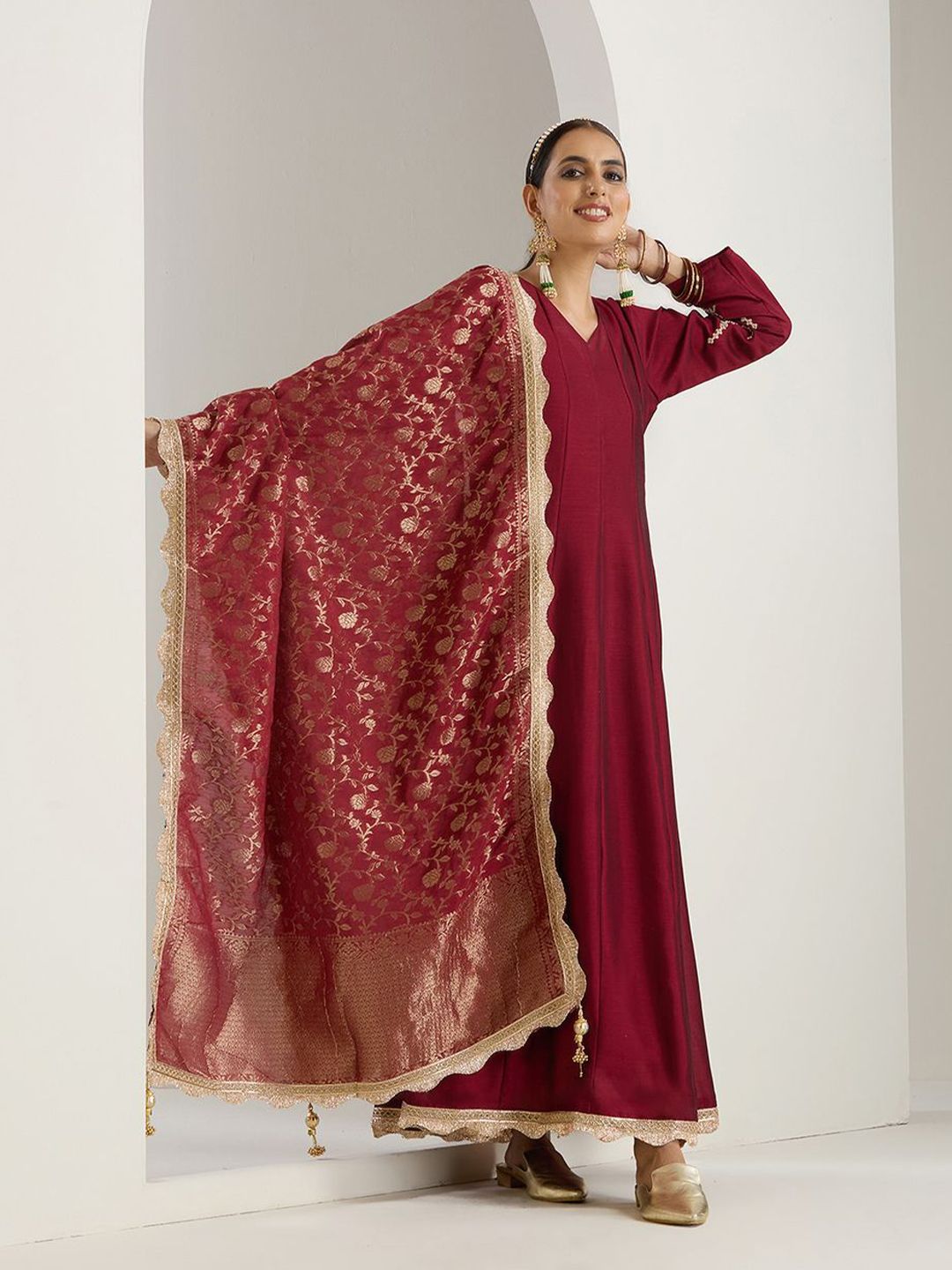 Rich Blended Burgundy Zari Embroidered Anarkali  Dress with Brocade Dupatta and Latkhans