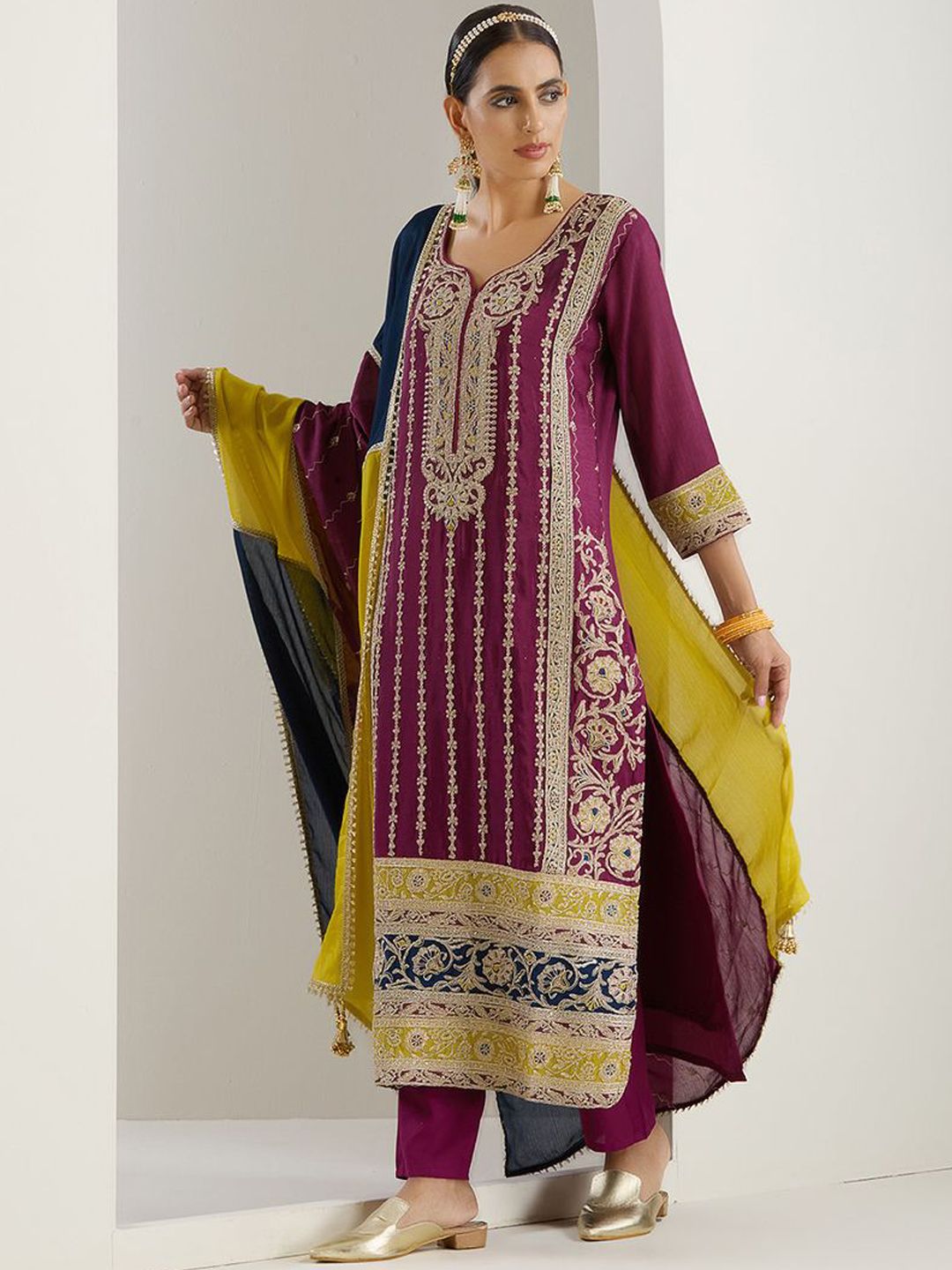 Rich Lavender Chinon Zari Embroidered Kurta Set with Sharara Bottom and Gotta Patti Tassel Dupatta